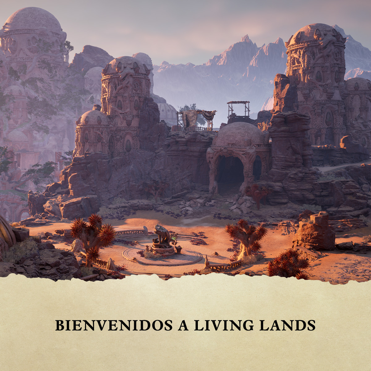 Un paisaje desértico con estructuras antiguas y montañas.