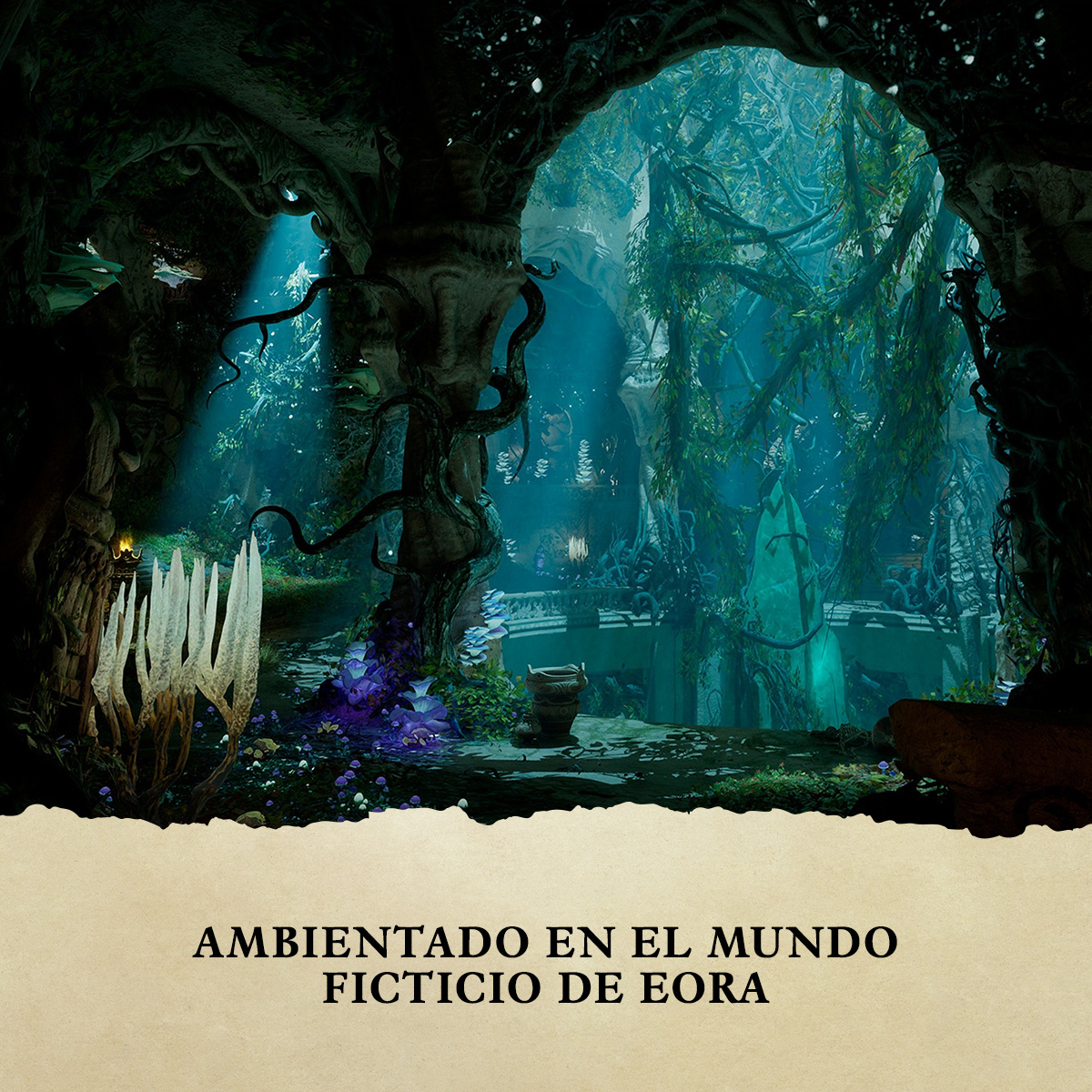 Escena de cueva de fantasía con texto: "AMBIENTADO EN EL MUNDO FICTICIO DE EORA."