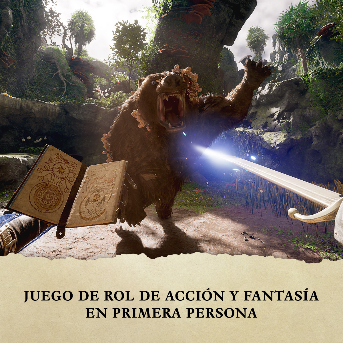 Una escena de juego de fantasía. Un oso ruge al espectador, una espada y un libro están en primer plano.