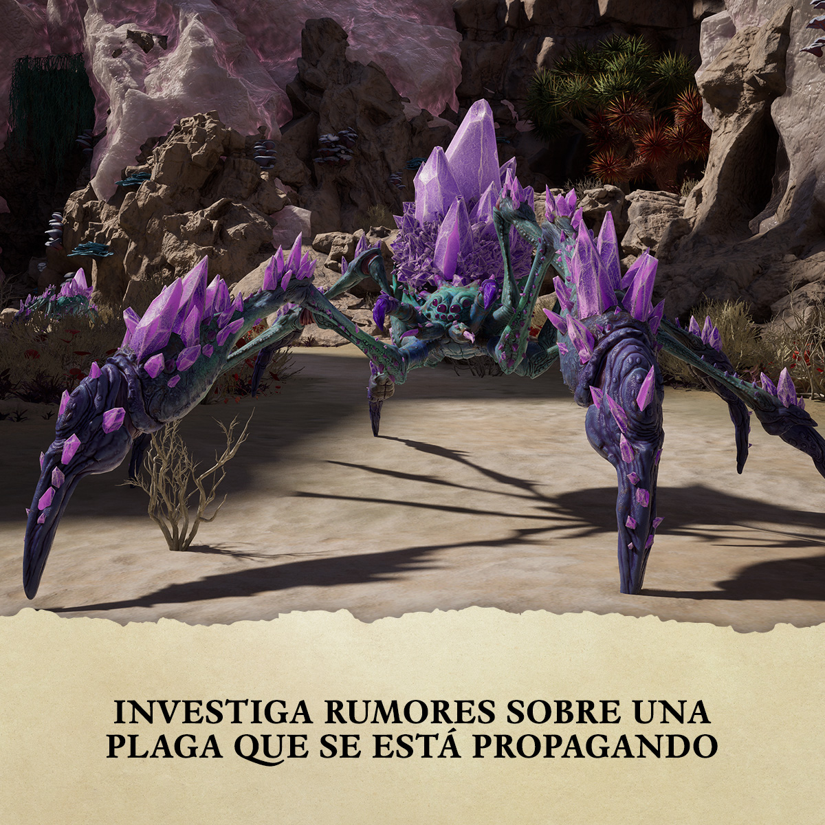 Una araña de cristal púrpura en un entorno de fantasía.