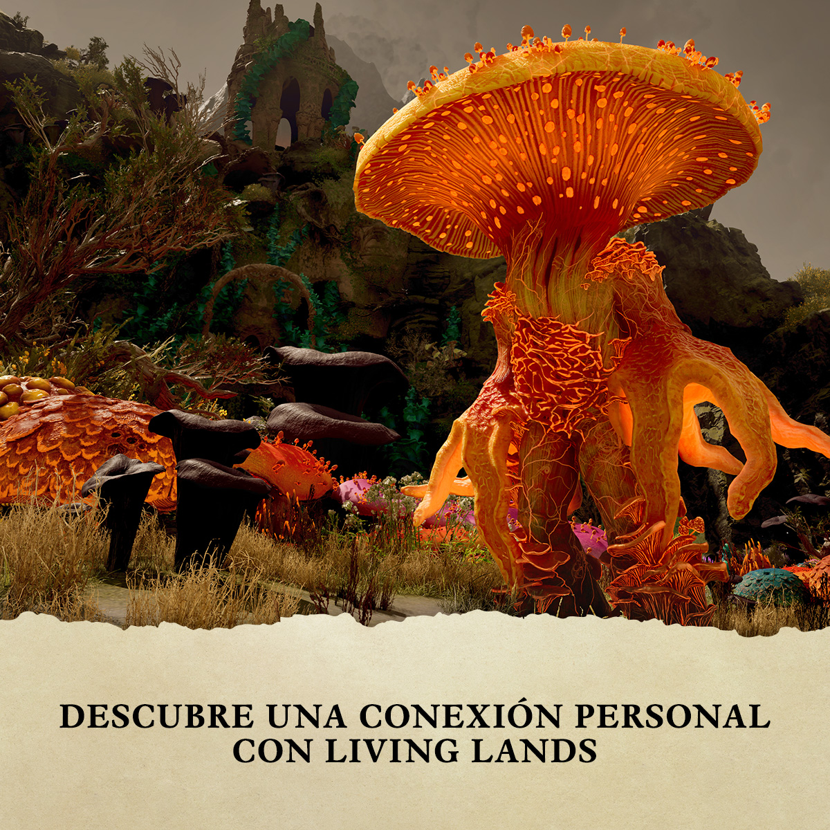 Una estructura anaranjada en forma de hongo en un paisaje de fantasía con texto debajo.