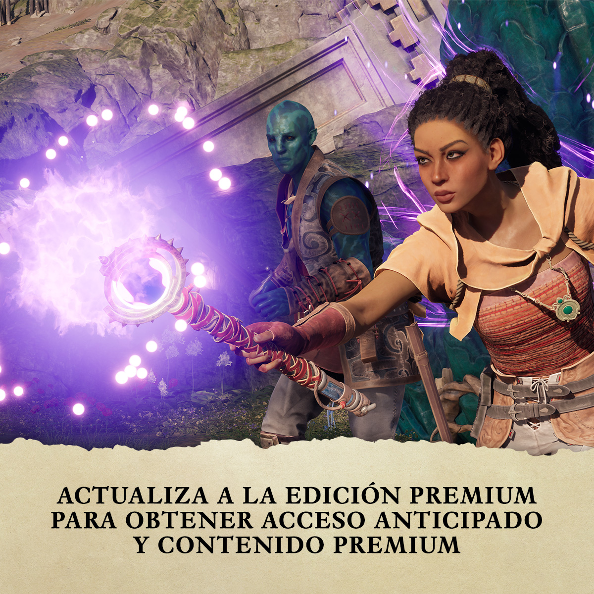 Dos personajes en una escena de fantasía, uno sosteniendo un báculo con luz brillante.
