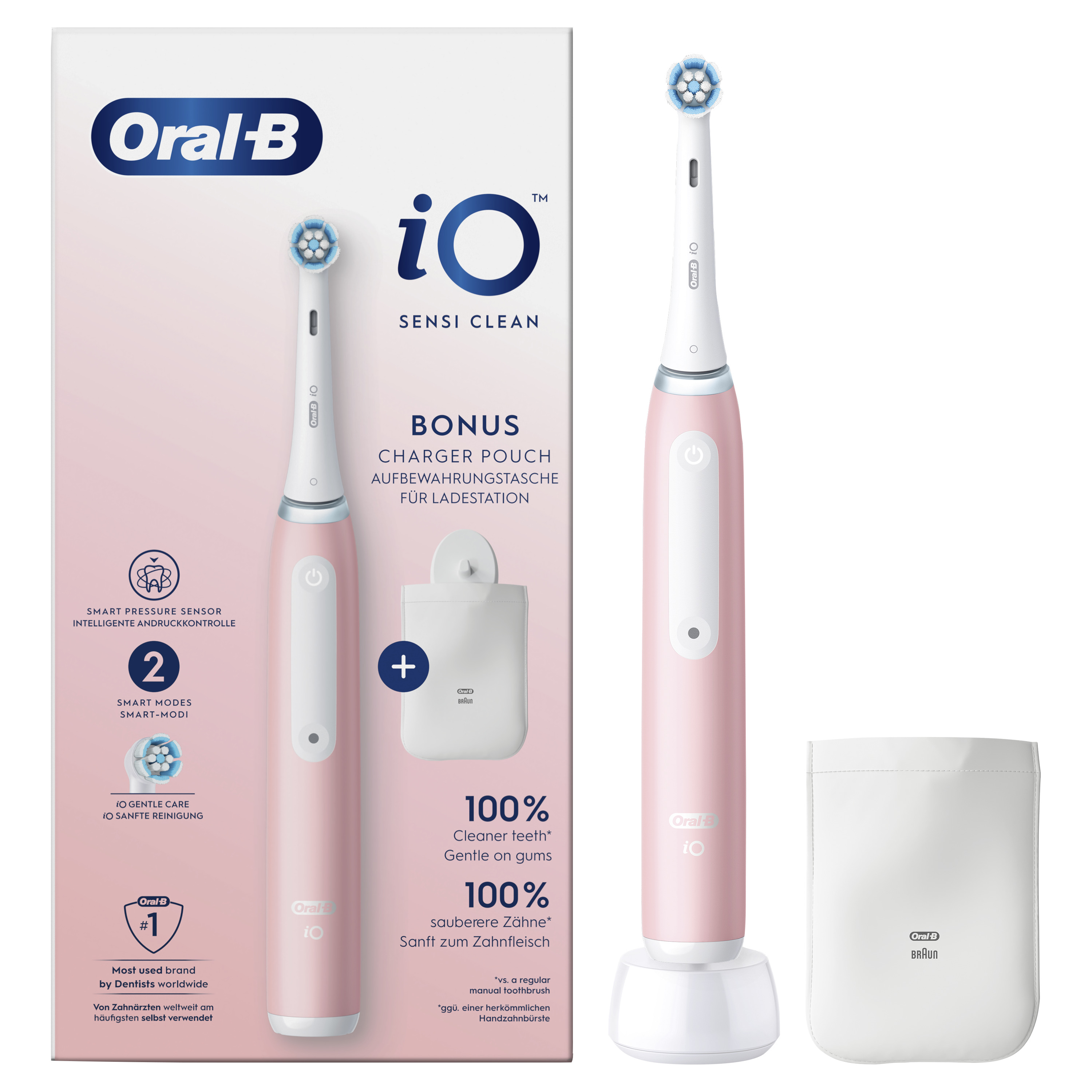 Rózsaszín Oral-B iO elektromos fogkefe, töltő és tasak fehér háttéren.