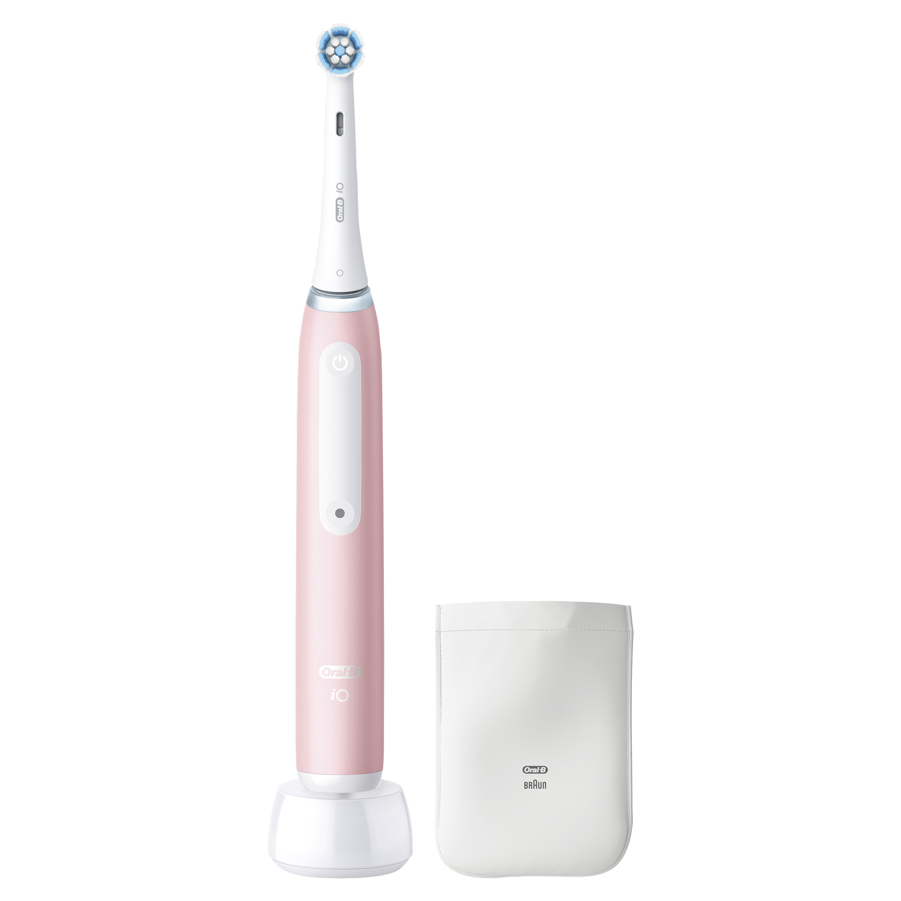 Rózsaszín Oral-B iO elektromos fogkefe töltőállomással és utazótokkal.