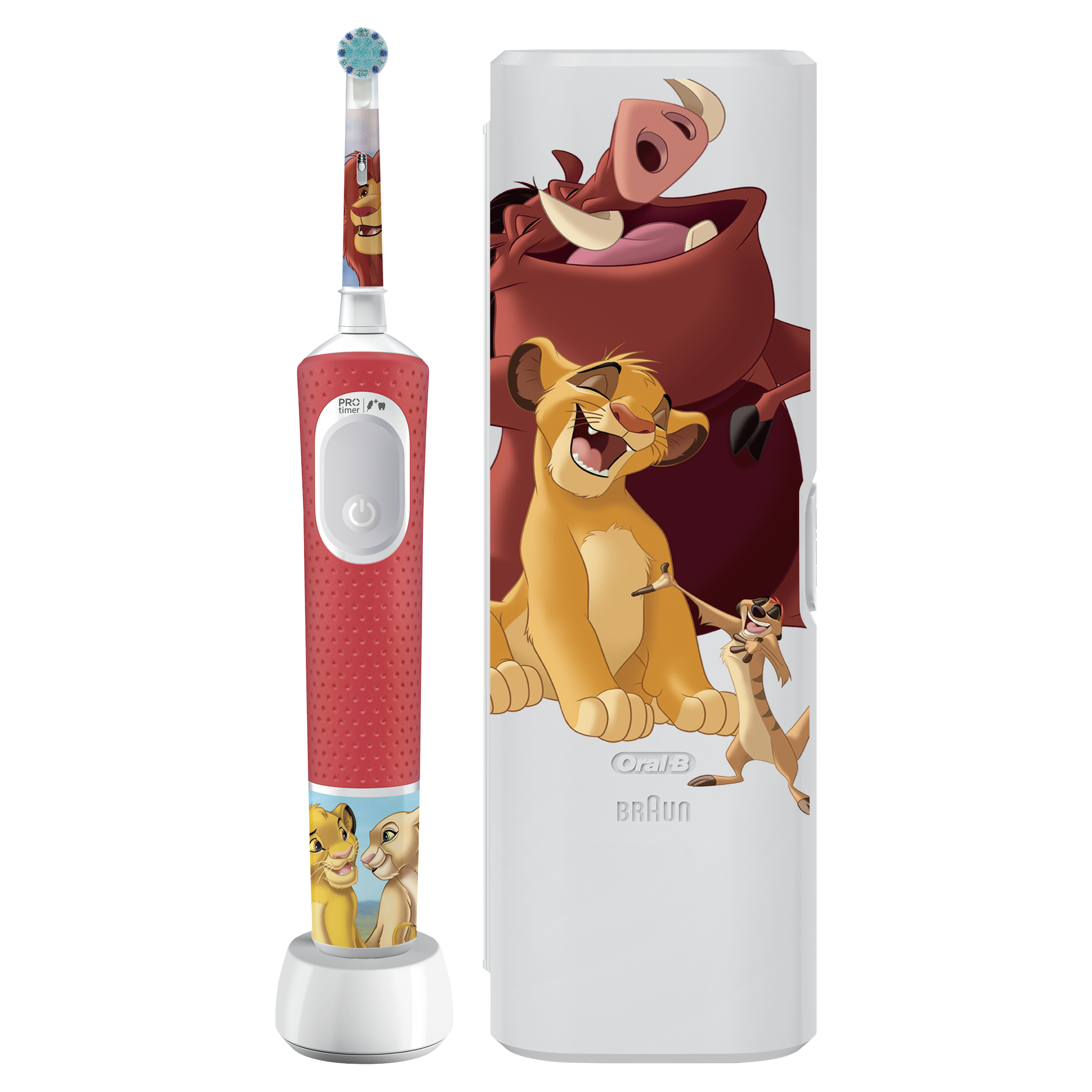 Piros Oral-B elektromos fogkefe, Oroszlánkirály szereplőkkel.