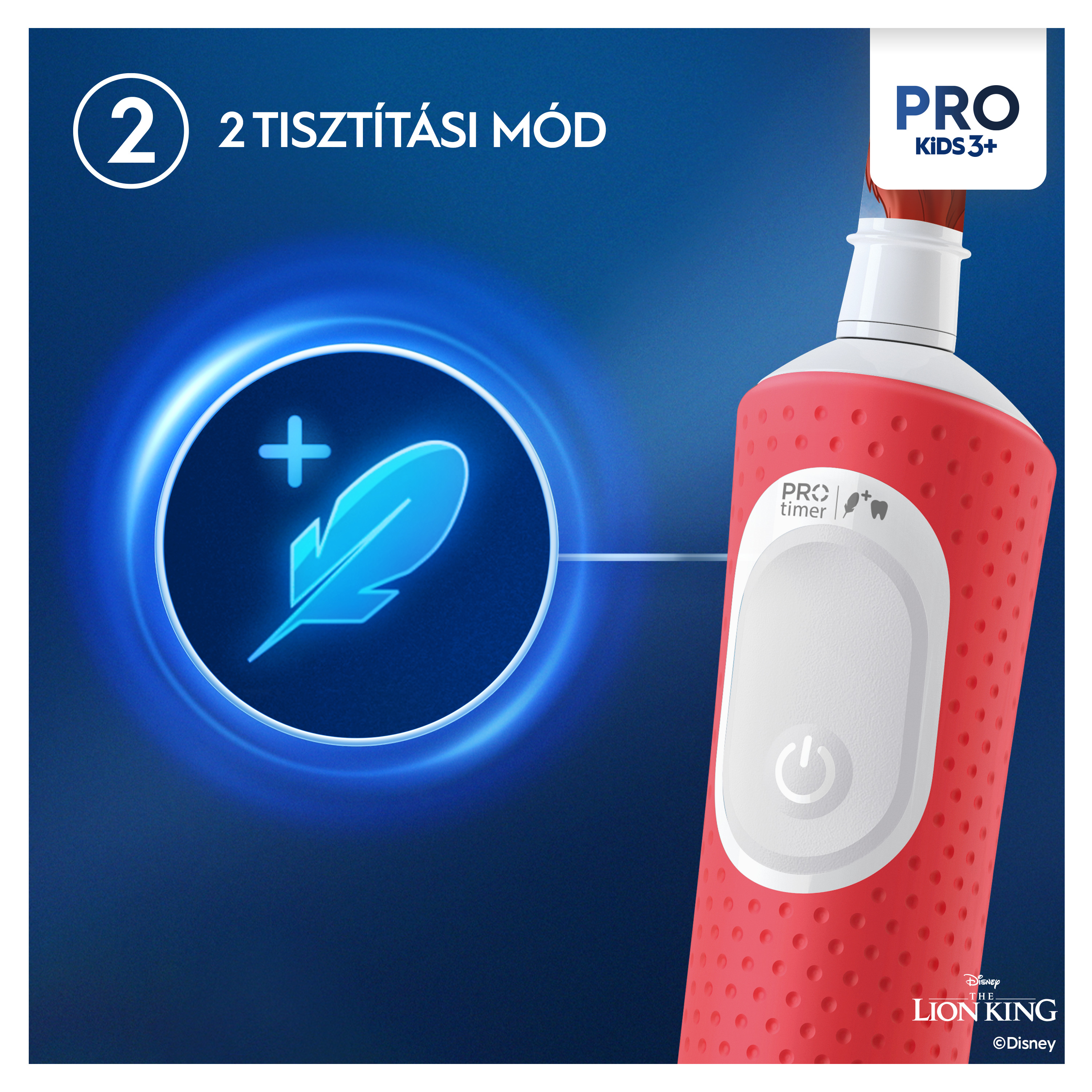 Piros-fehér fogkefe az Oroszlánkirály logóval és egy toll ikonnal kék háttéren.