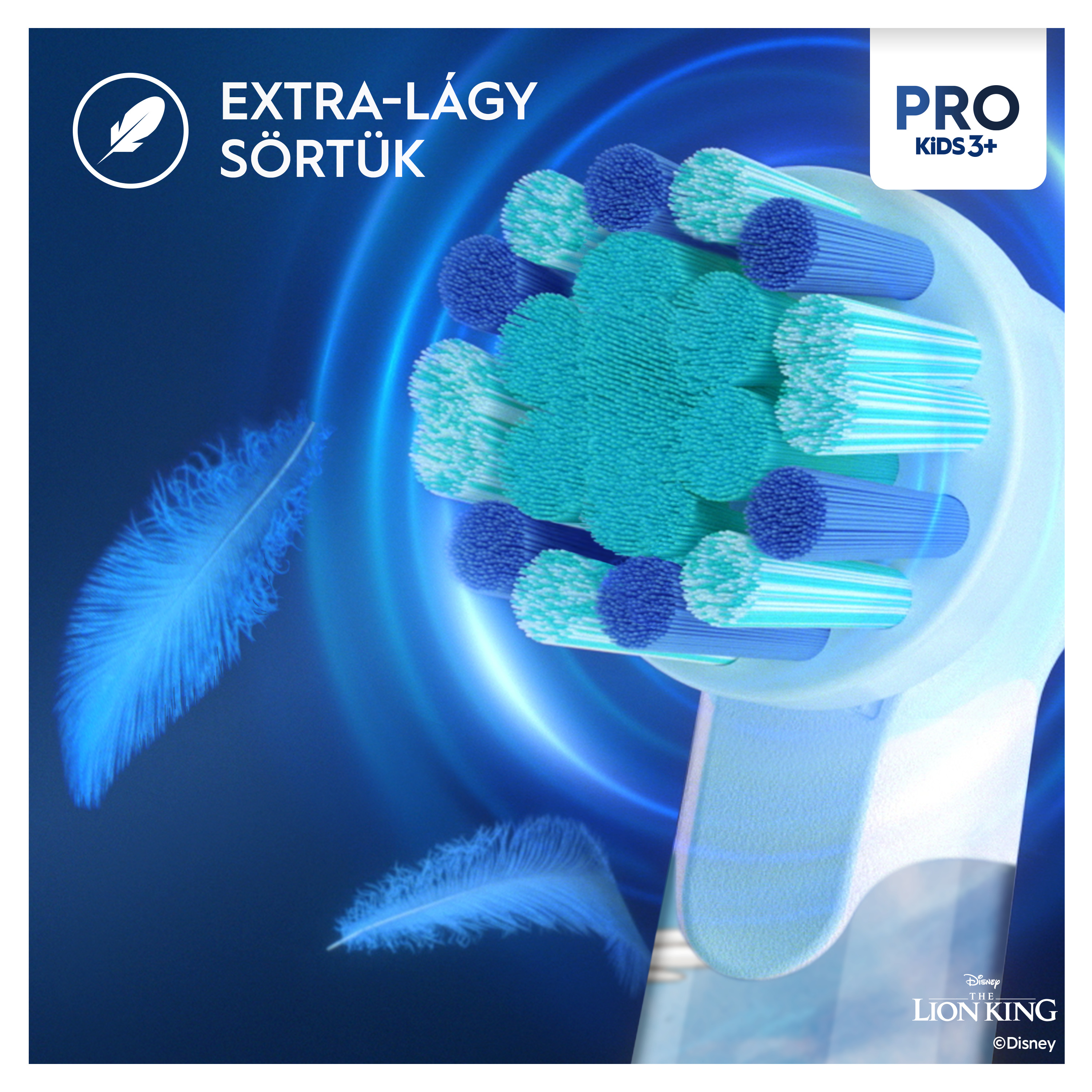 Elektromos fogkefe fej kék és zöld sörtékkel, tollakkal és 'EXTRA-LÁGY SÖRTÜK' felirattal.