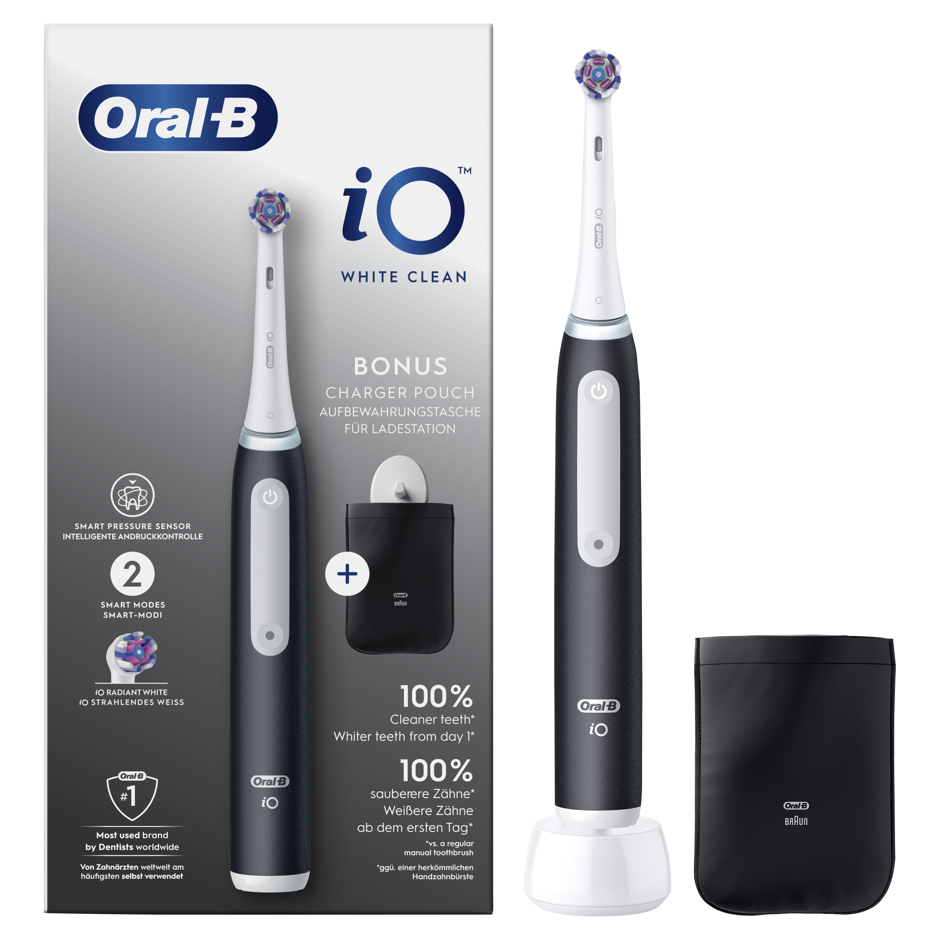 Oral-B iO White Clean elektromos fogkefe készlet: fogkefe, töltő és tok.