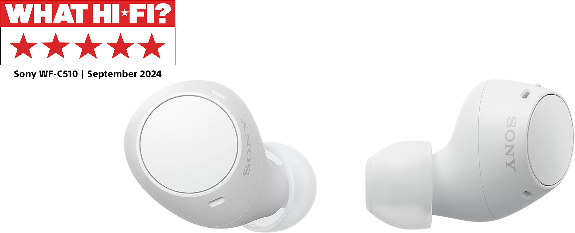 Fehér Sony fülhallgató tokban. What Hi-Fi? teszt öt csillaggal.