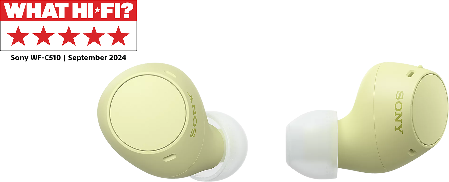 Két olívazöld Sony fülhallgató. Bal felső sarokban egy What Hi-Fi? logó öt csillaggal.