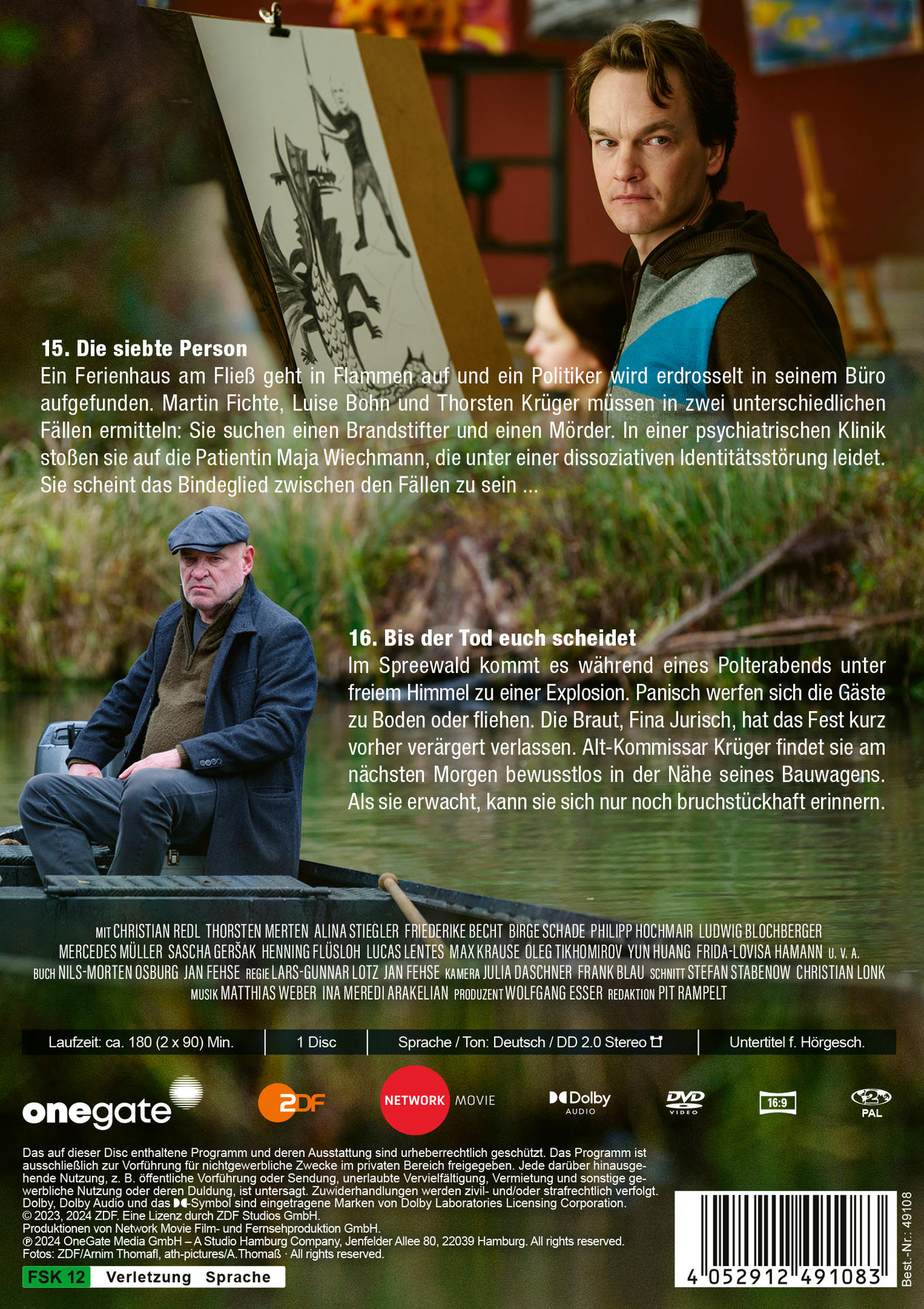 Filmcover mit Mann und Gemälde. Zwei Männer sind in einem Boot zu sehen.