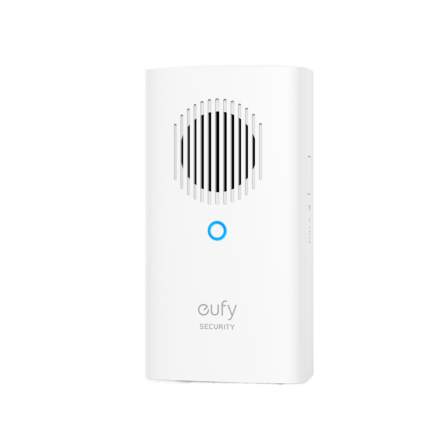 Appareil de sécurité eufy blanc avec une grille de haut-parleur et une lumière bleue.