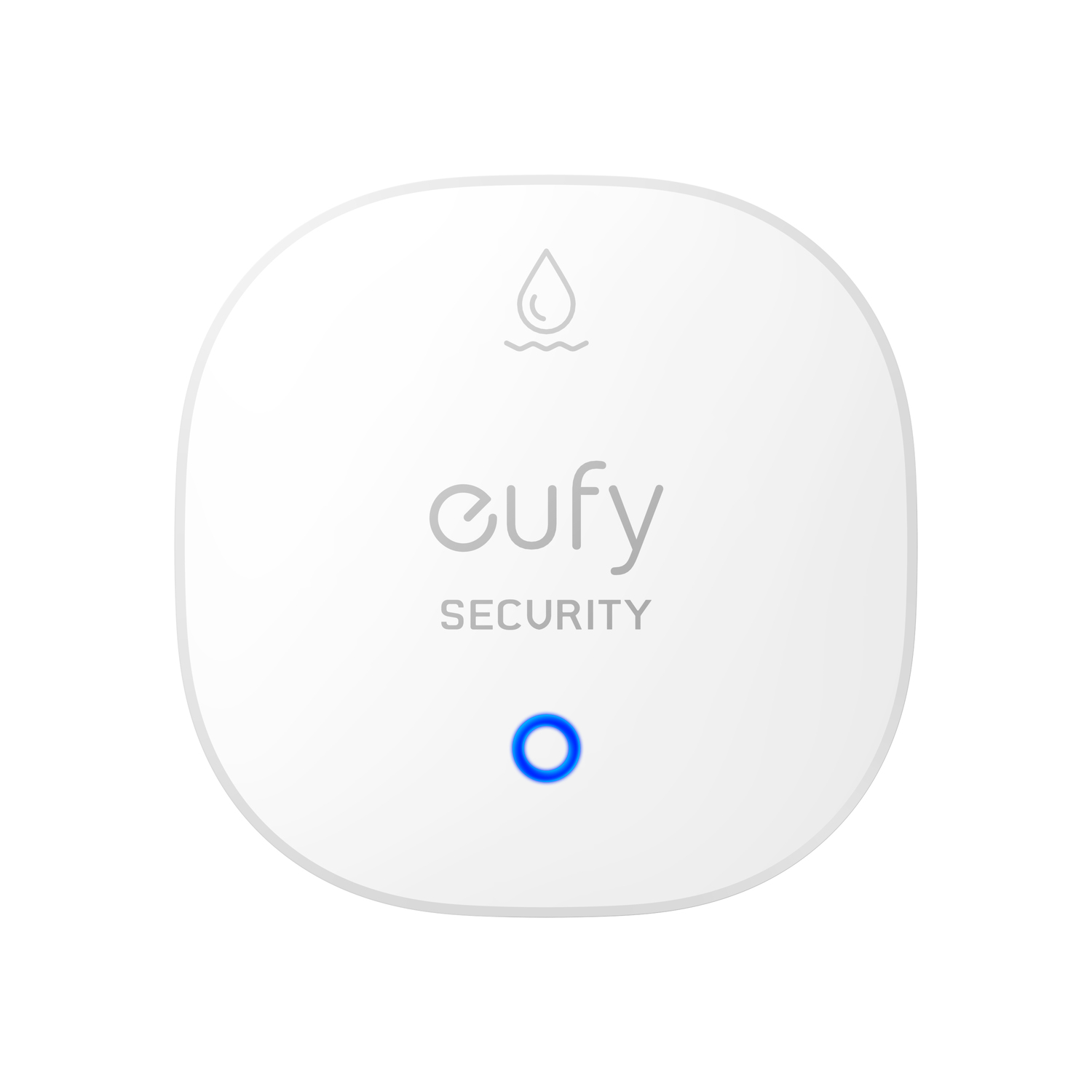 White, round sensor with a blue light and the word 'eufy' on it.