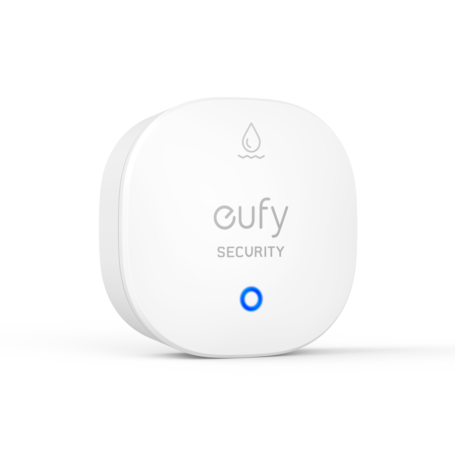 A white security sensor with a blue light. The sensor is round and has the word eufy on it.