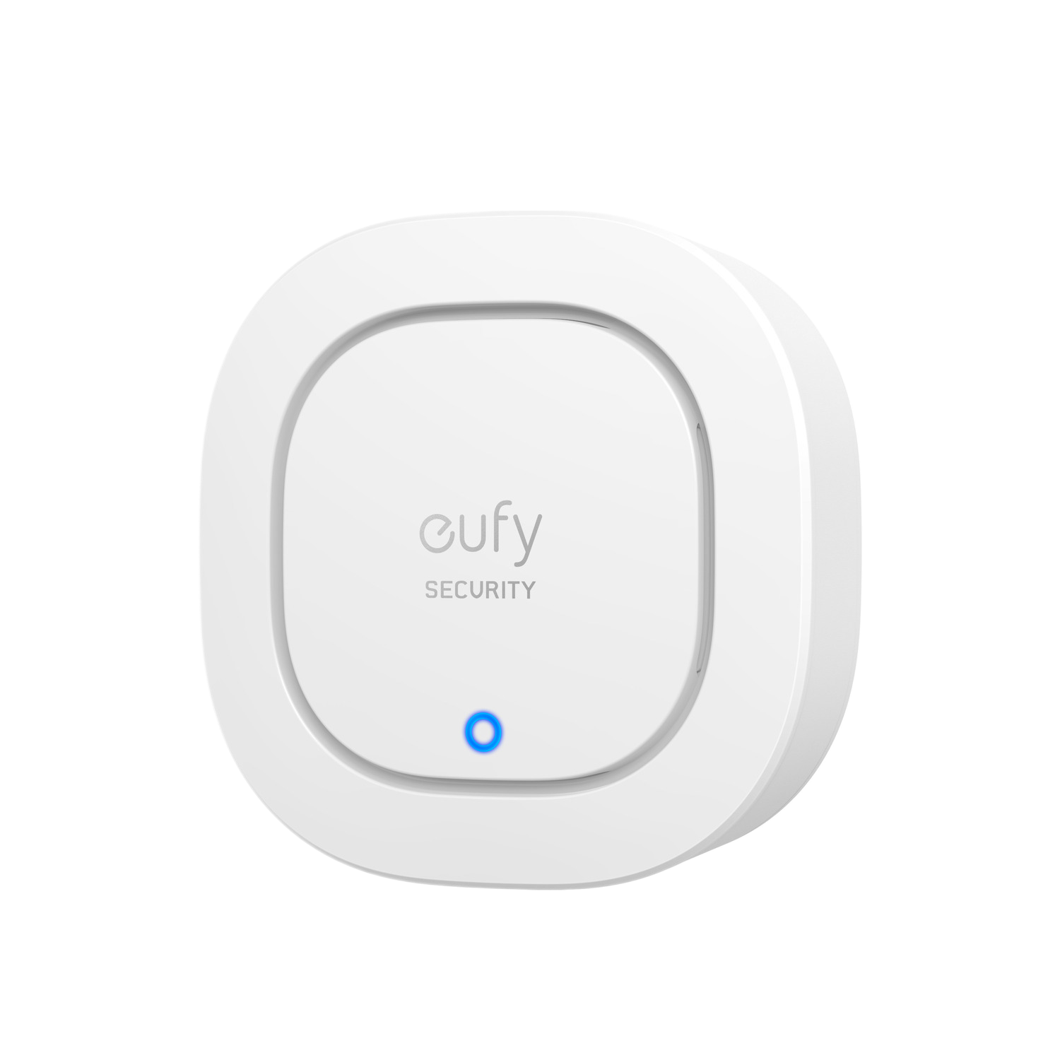 Appareil de sécurité eufy blanc avec une lumière bleue, sur fond blanc.