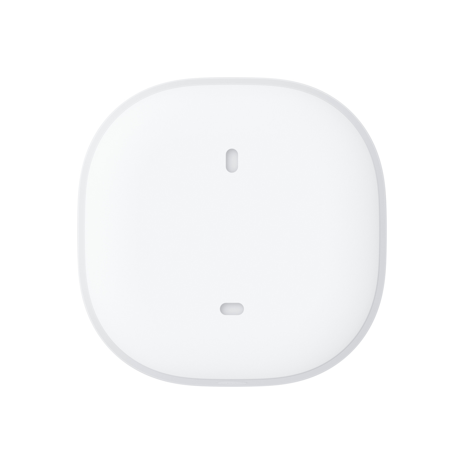 Un appareil domotique blanc, ovale, avec deux petits trous. Surface lisse.