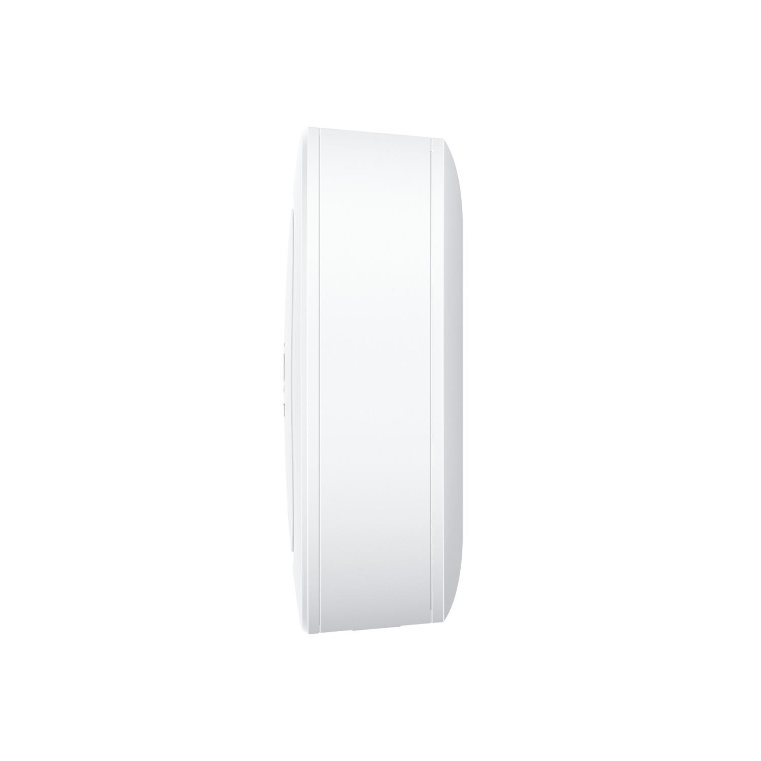 Un appareil blanc et arrondi, peut-être un produit pour la maison intelligente, sur fond blanc.