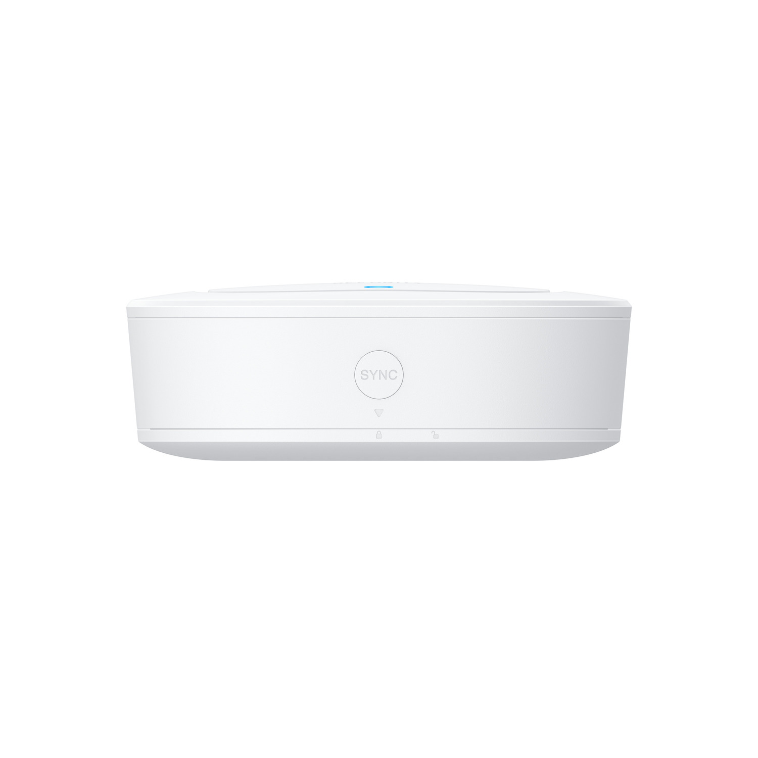 Un appareil rectangulaire blanc, avec le mot "SYNC" et un bouton, sur fond blanc.