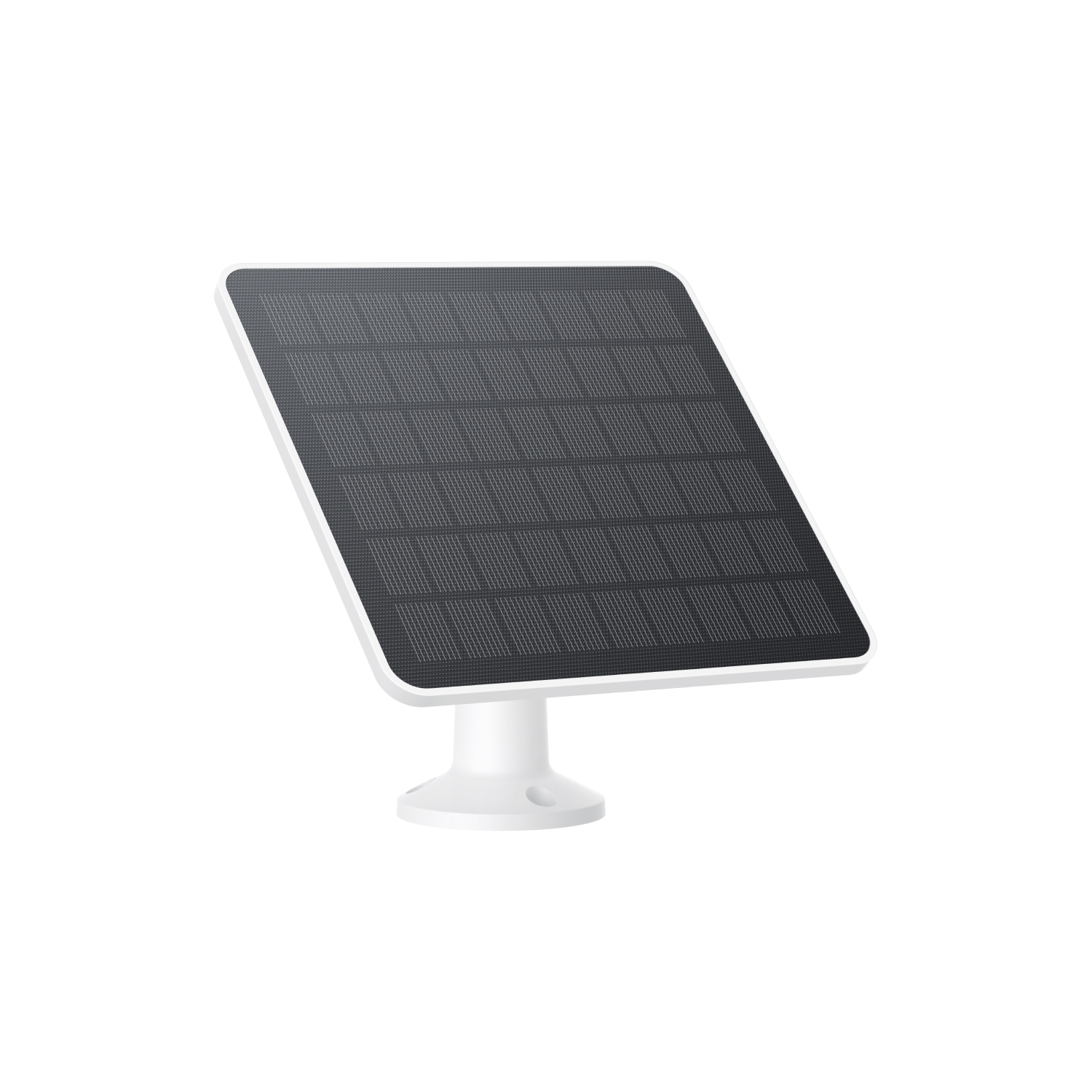 Solar panel with a white base, angled up against a white background.