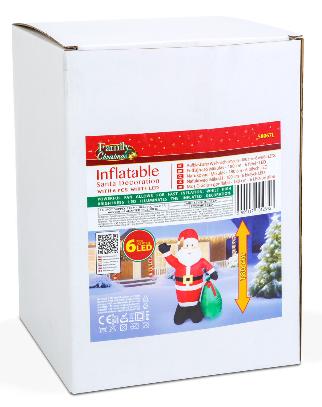 Fehér doboz, Inflatable Santa Decoration felirattal, Mikulás képével.