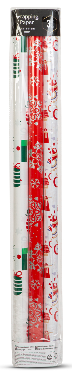 Három tekercs díszítőpapír átlátszó műanyag csomagolásban. A tekercsek különféle ünnepi mintákkal rendelkeznek.