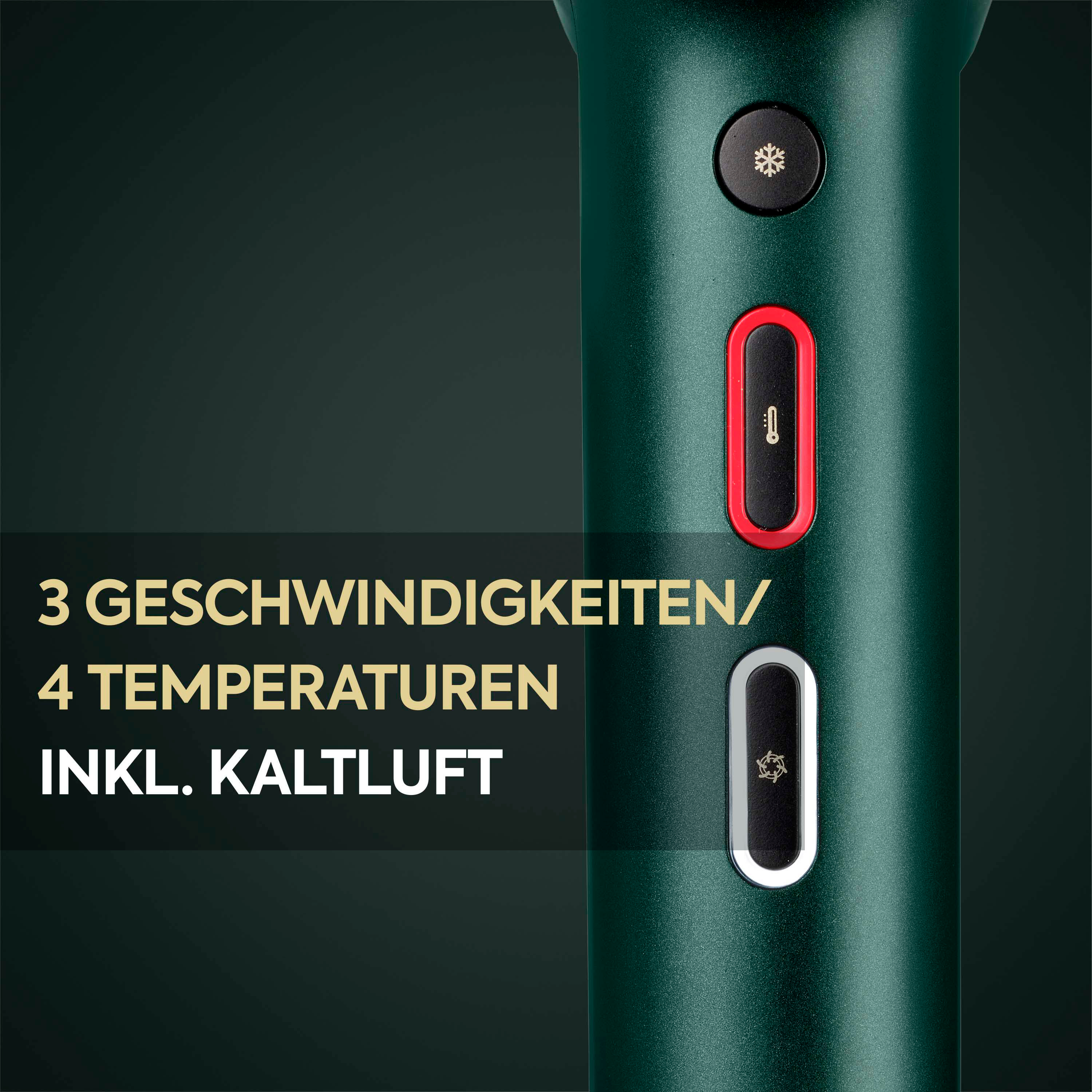 Nahaufnahme eines Haarstyling-Werkzeugs mit Knöpfen und Text: 3 Geschwindigkeiten, 4 Temperaturen, inkl. Kaltluft.