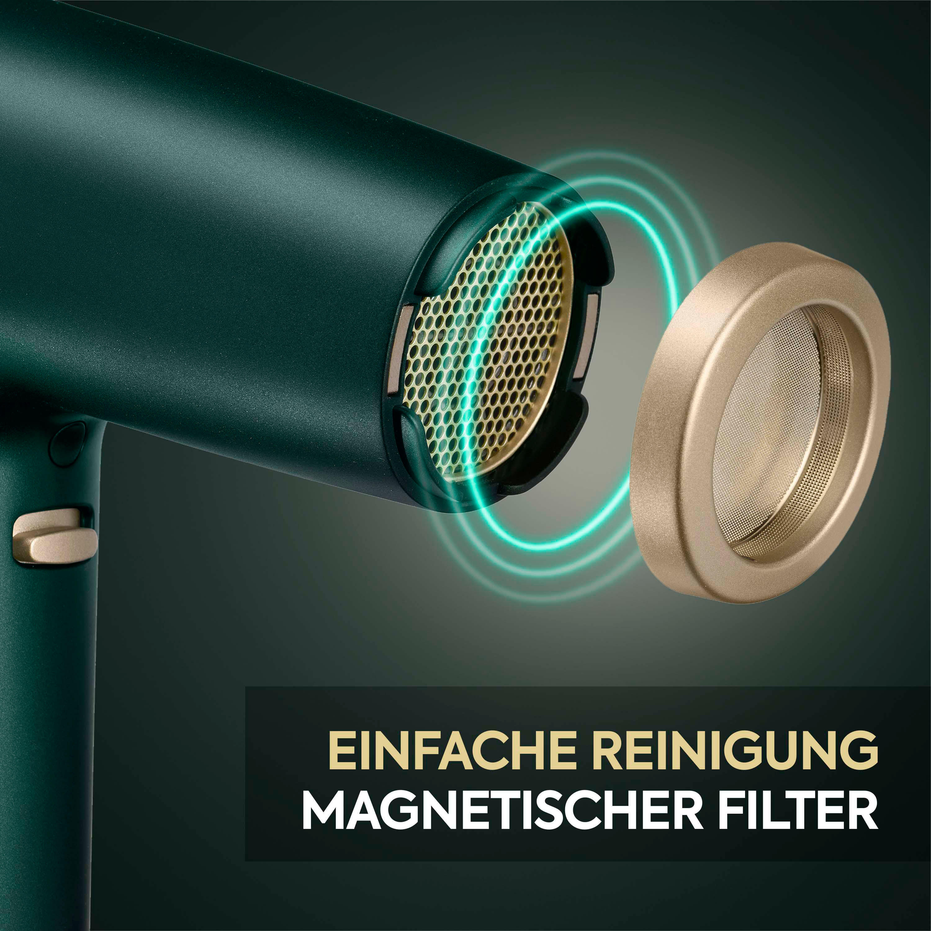 Nahaufnahme eines Haartrockners. Text: EINFACHE REINIGUNG MAGNETISCHER FILTER. Der Trockner ist grün und gold.