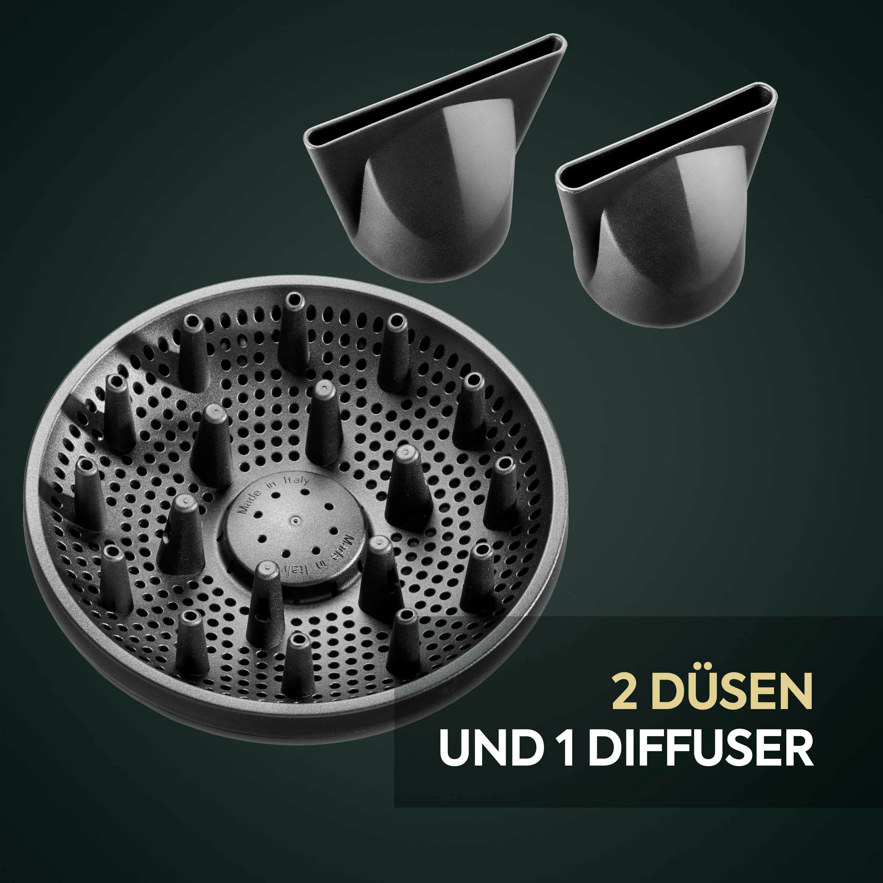 Zwei schwarze Föhndüsen und ein Diffusor. Der Text lautet 2 Düsen und 1 Diffusor.