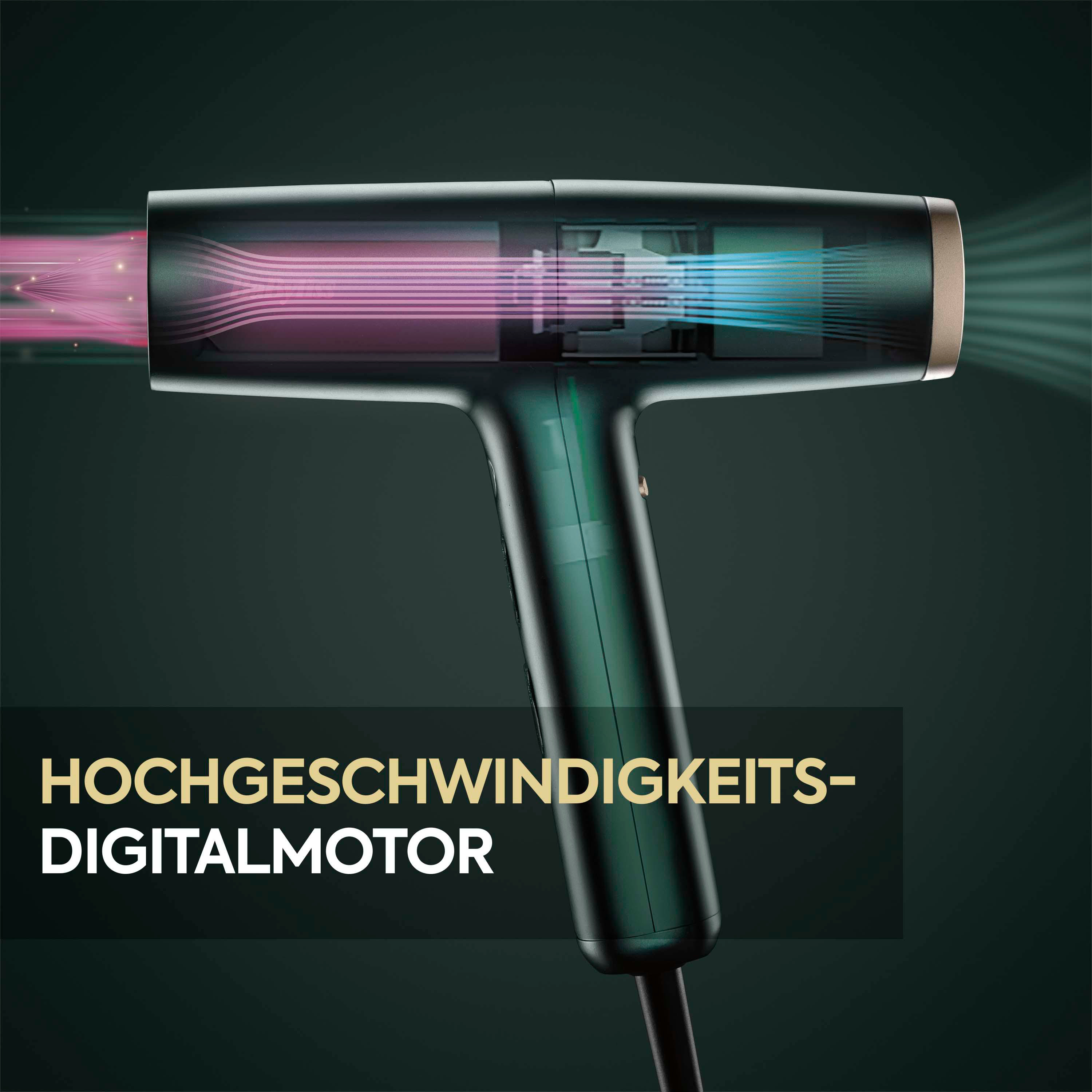 Haartrockner mit dem Text "HOCHGESCHWINDIGKEITS-DIGITAL MOTOR" darüber.