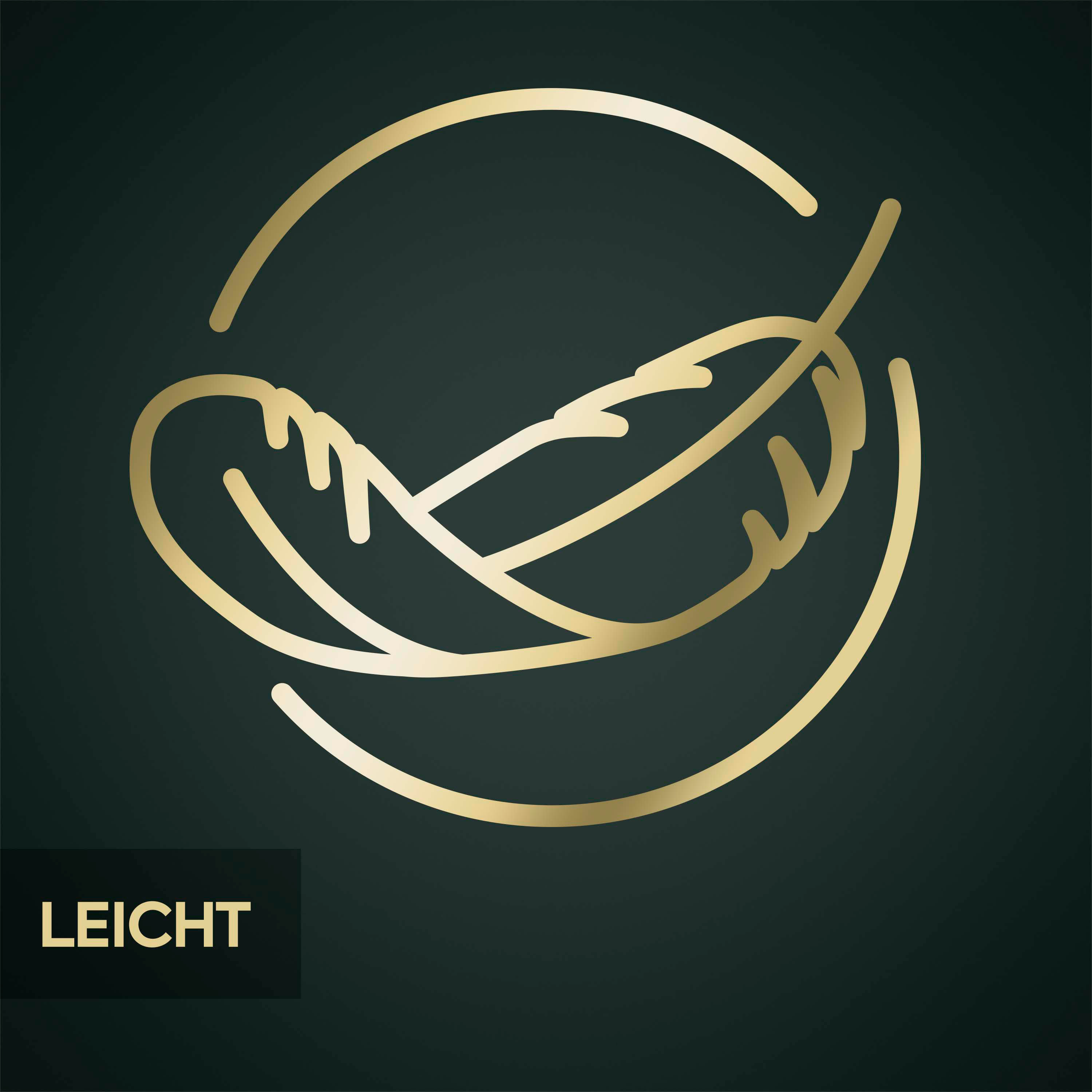 Goldenes Federdesign in einem goldenen Kreis, auf dunkelgrünem Hintergrund, mit 'LEICHT' Text.