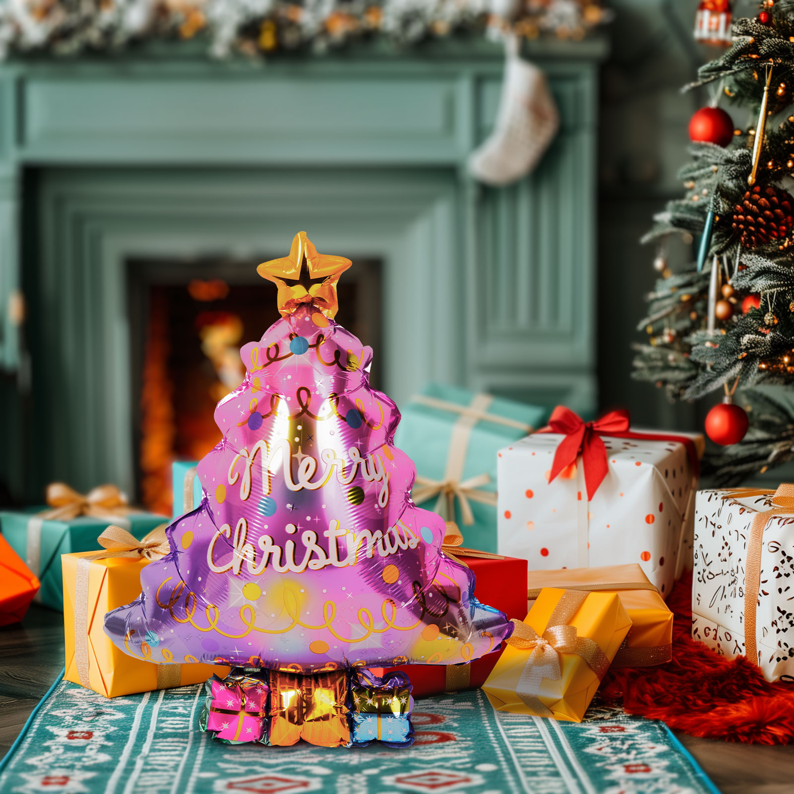 Karácsonyfás lufi 'Merry Christmas' felirattal, ajándékokkal és kandallóval körülvéve.