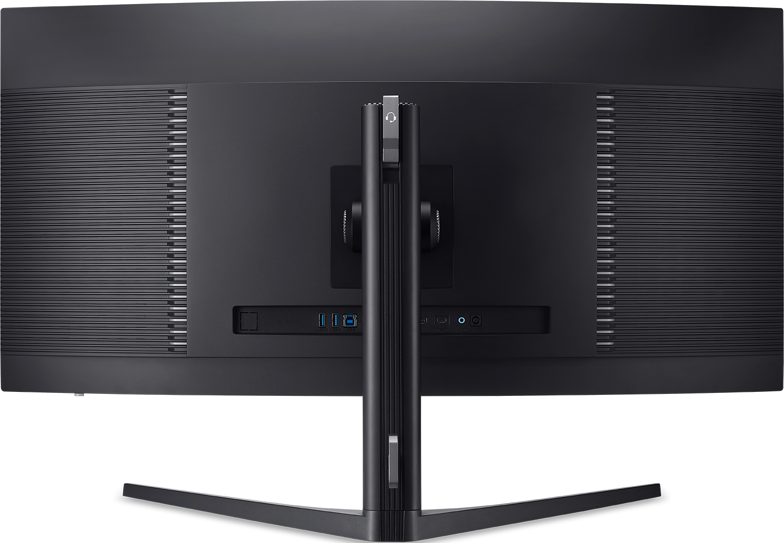 Vue arrière d'un moniteur incurvé noir. Il a un support avec colonne centrale et ports USB.