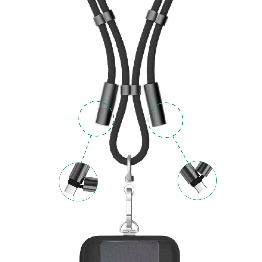 Un cordón negro con dos extremos de carga y un accesorio para teléfono. El cordón es negro.