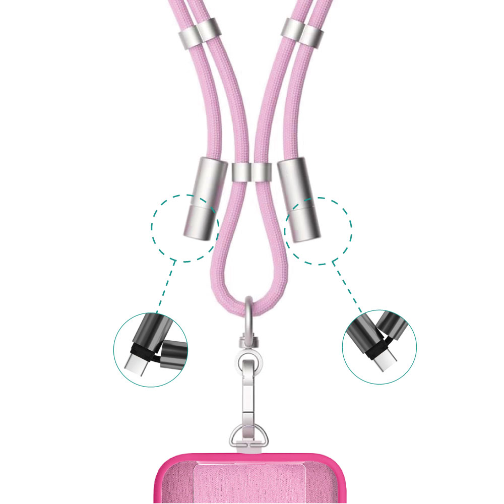 Un cordón para teléfono rosa con un cierre y conectores plateados.