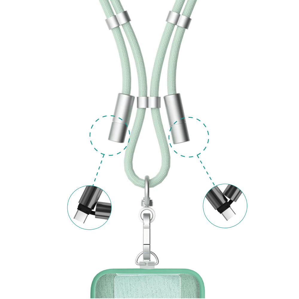 Una correa para el cuello verde claro con dos extremos y un cierre metálico. Los conectores USB-C están resaltados.