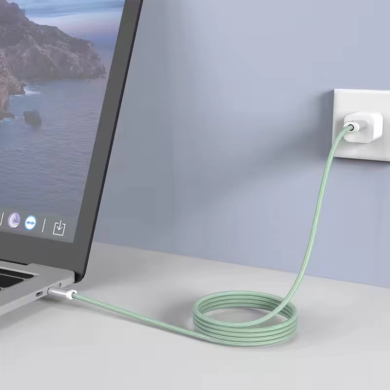 El portátil está conectado a una toma de corriente con un cable de carga a rayas verdes y blancas.
