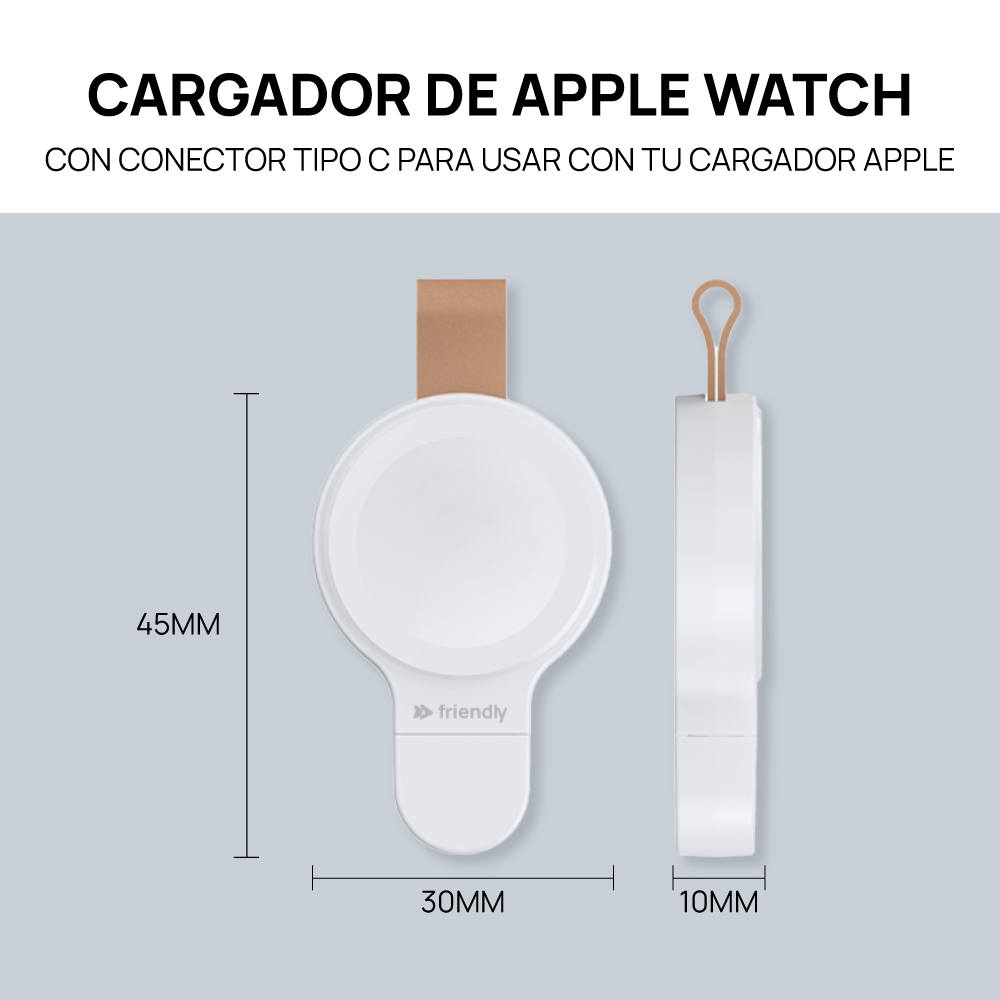 Un cargador blanco para un Apple Watch con conector tipo C, dimensiones y texto.