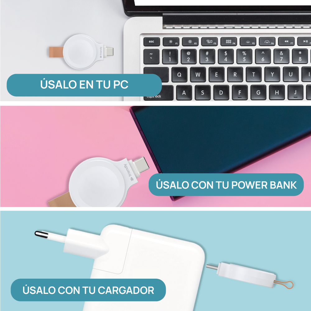 Tres imágenes: un cargador y un teléfono, un banco de energía y una computadora portátil.