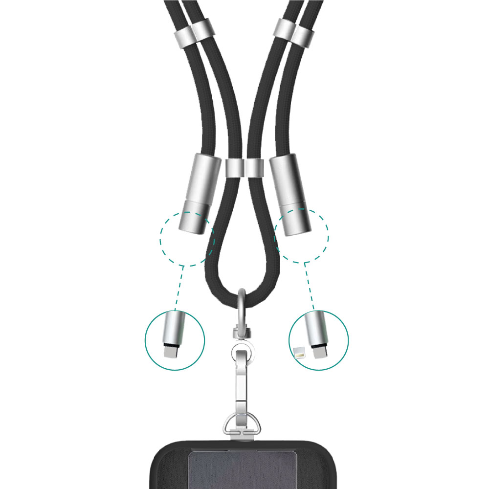 Cordón negro para teléfono con conectores plateados y un clip. El cordón está alrededor de un teléfono.