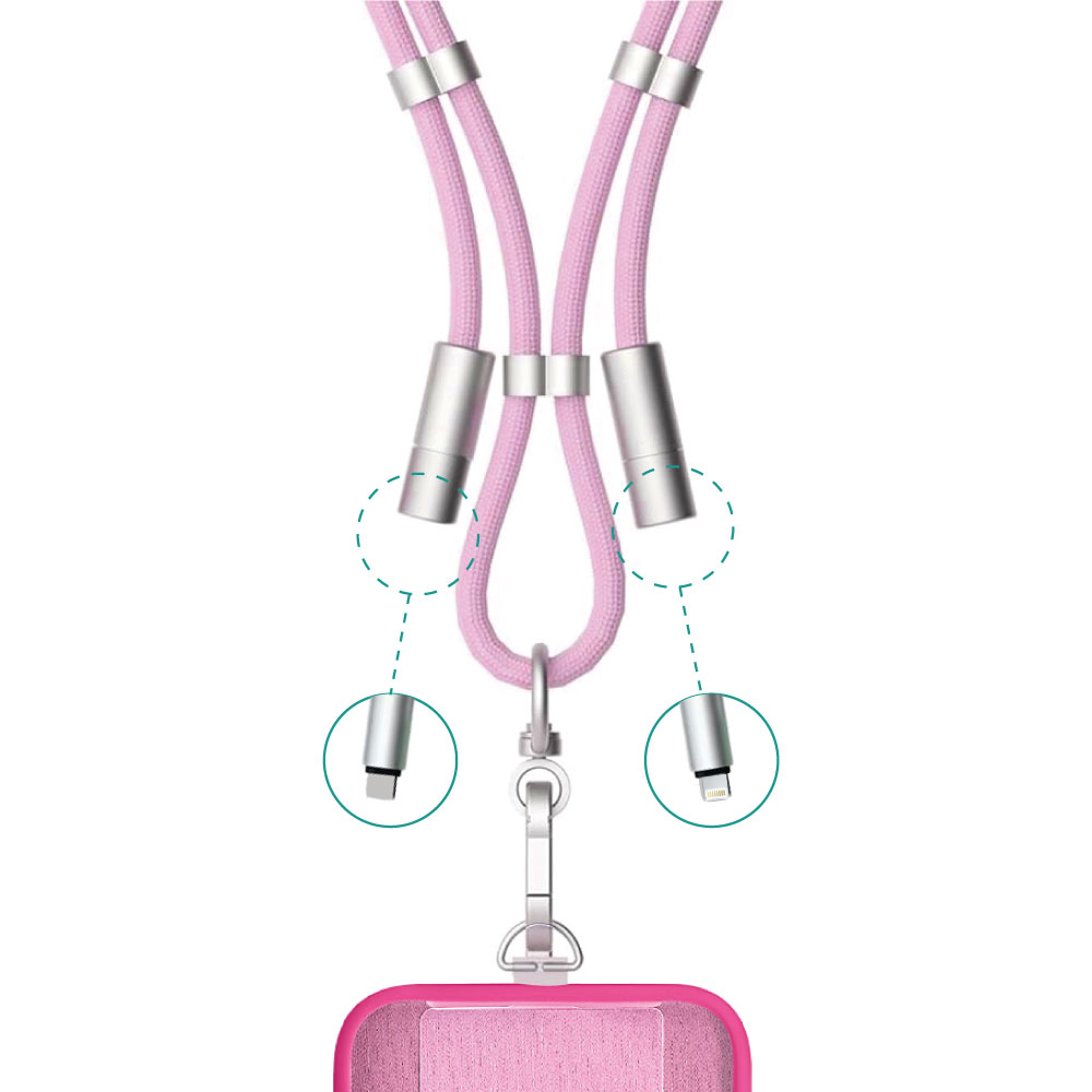 Cable de carga rosa con dos conectores y un pequeño accesorio rosa adjunto.