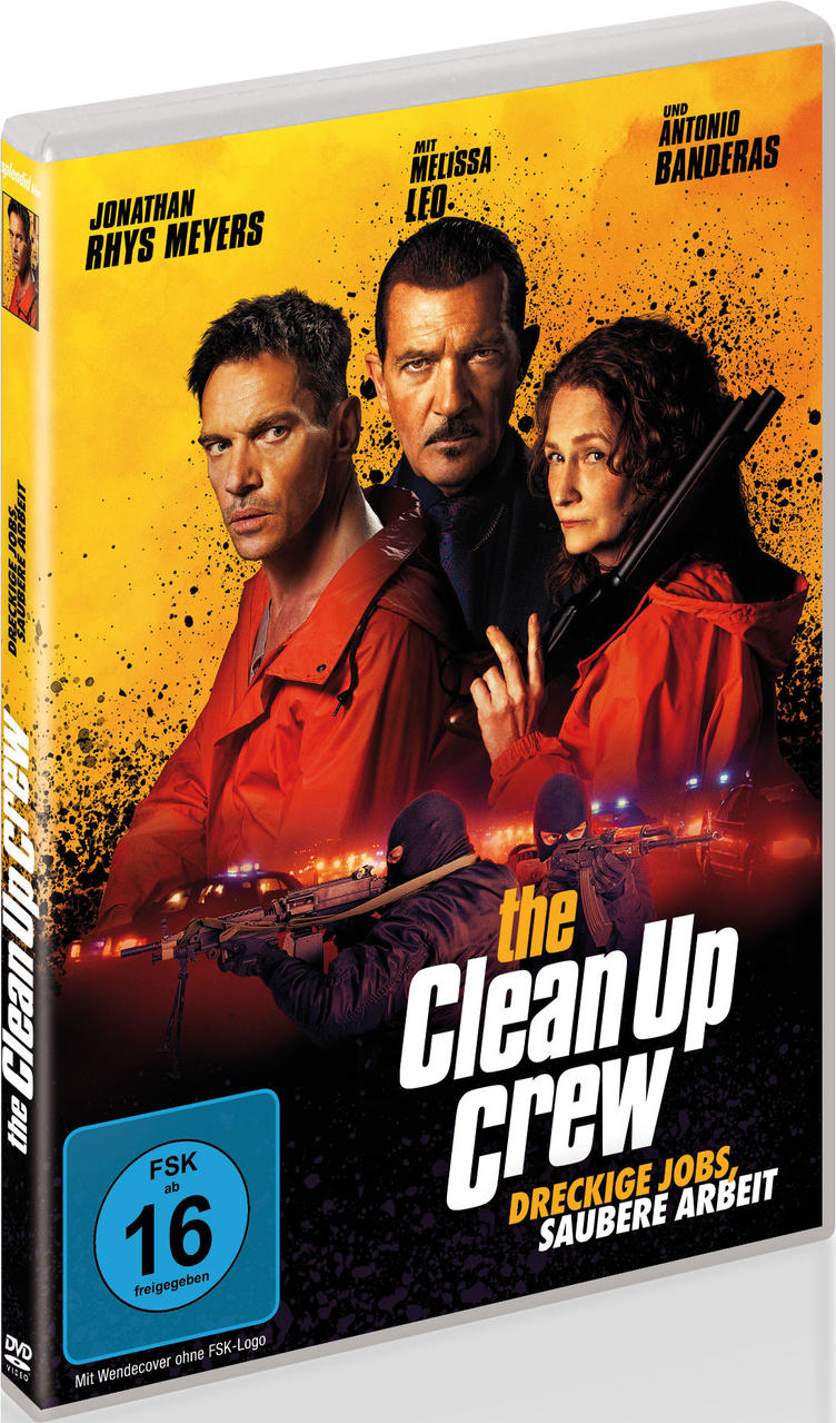 DVD-Cover mit Schauspielern, Filmtitel 'The Clean Up Crew' und Altersfreigabe in gelb-schwarzem Design.