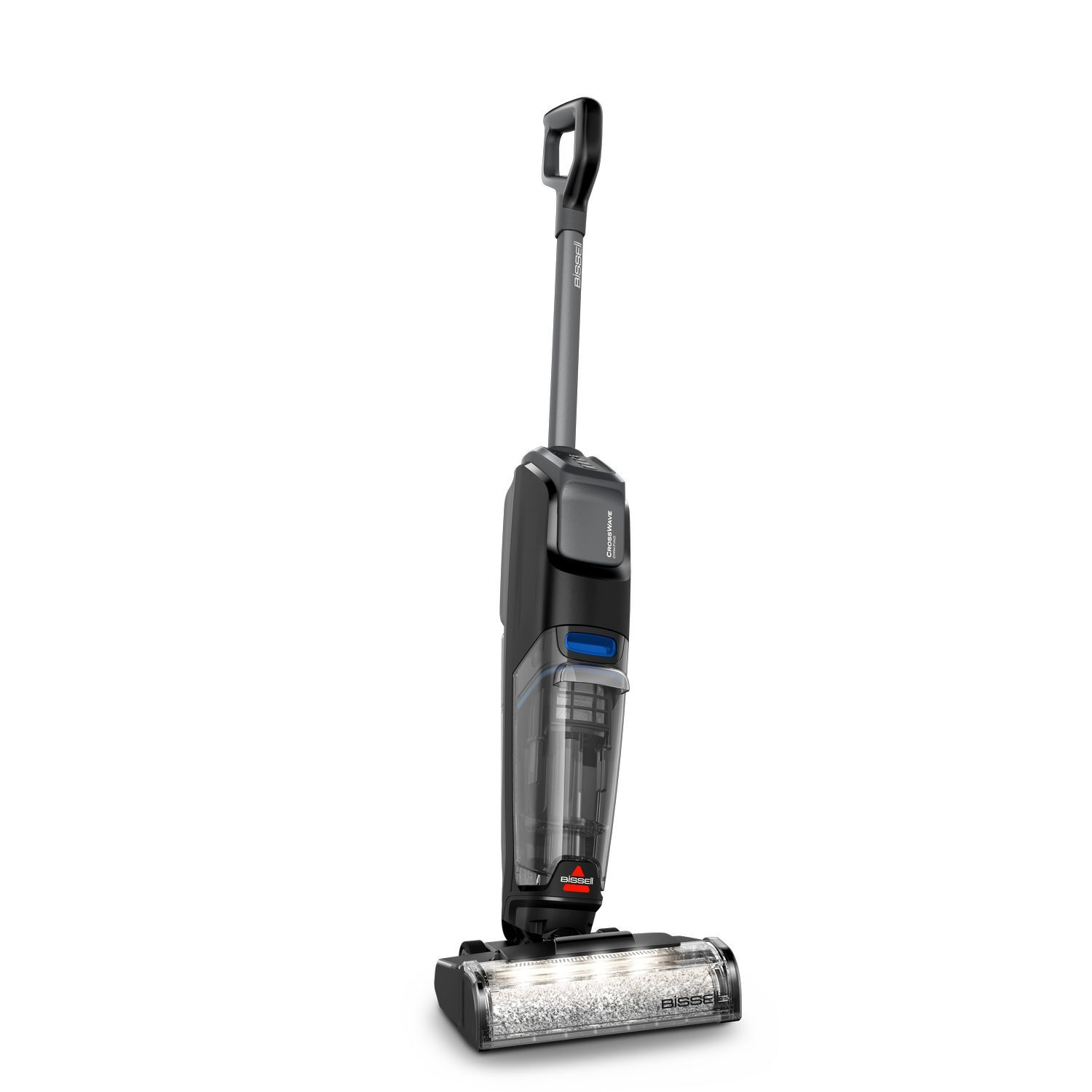Upright, black and gray Bissell vacuum cleaner, white background.