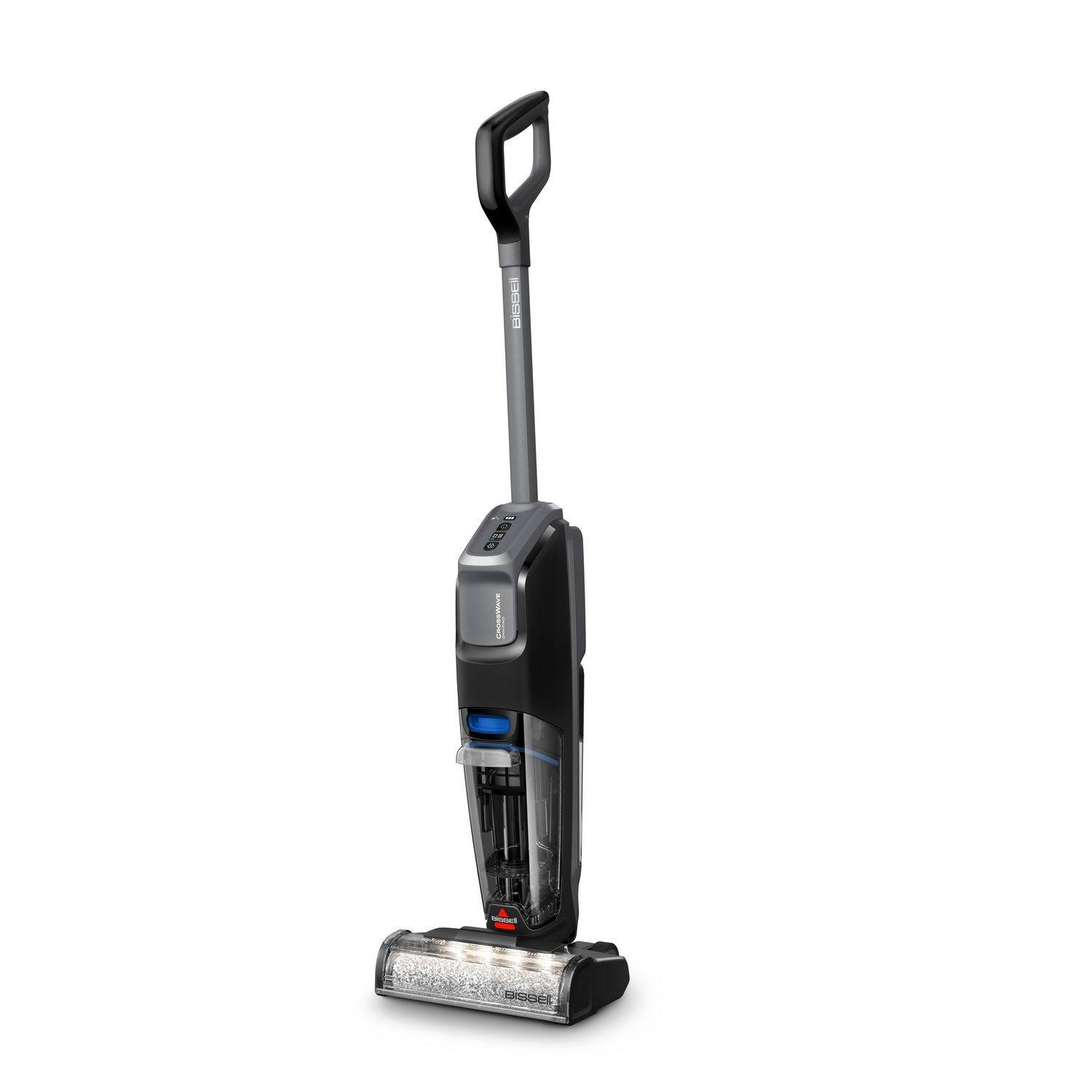 Upright vacuum cleaner. It is black and gray with a clear water tank. The handle is gray.