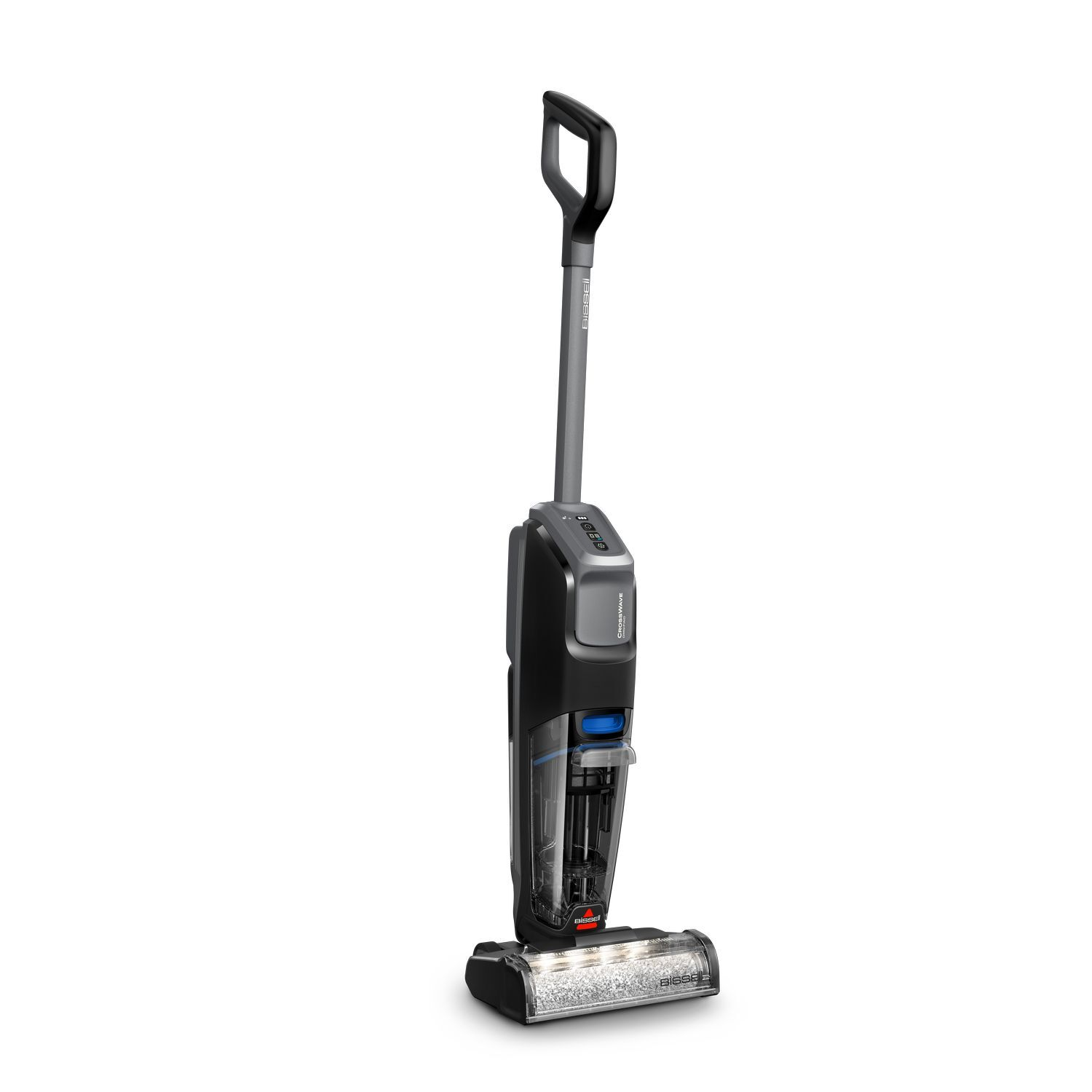 Upright vacuum cleaner. Black and gray with a long handle and brush.