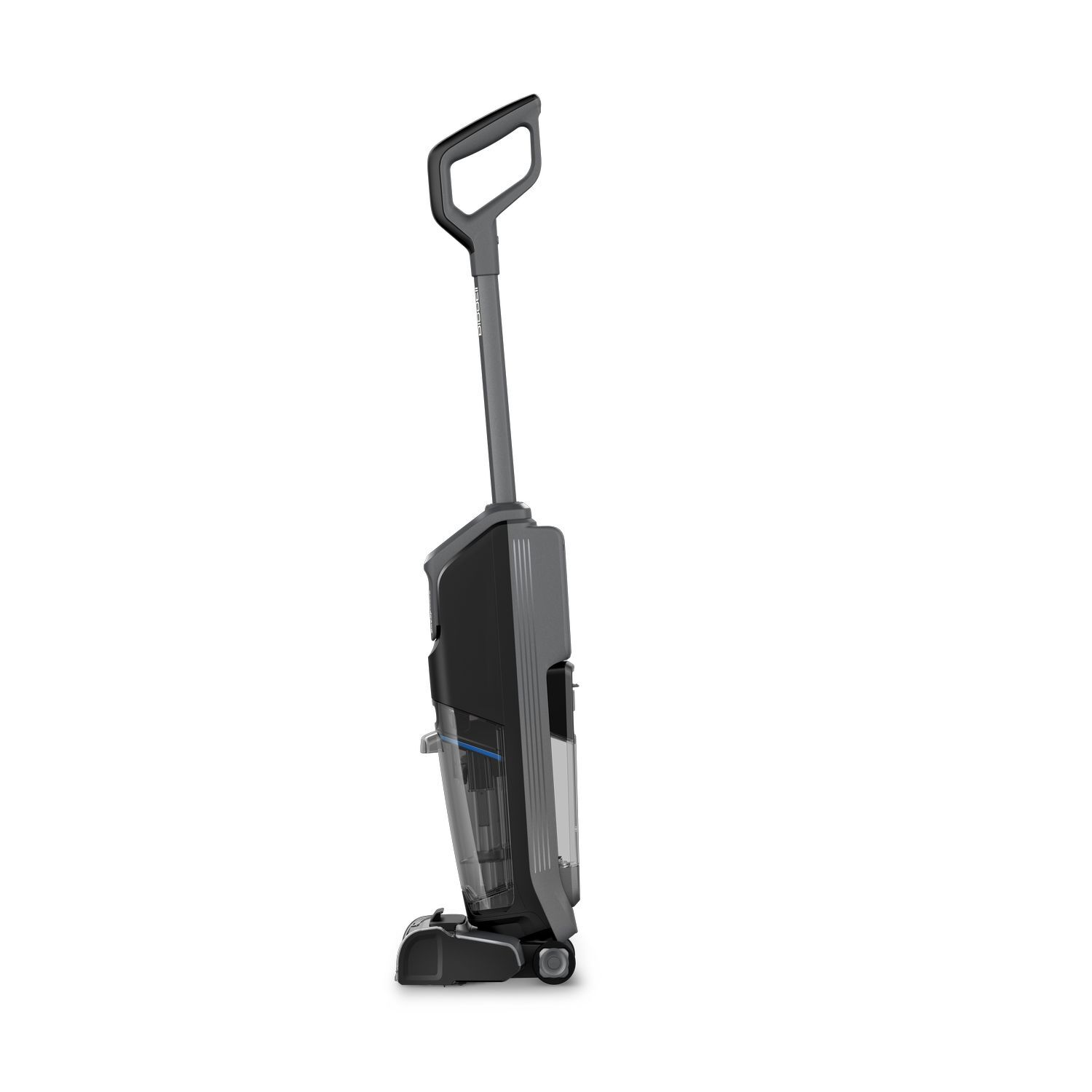 A black and gray upright vacuum cleaner on a white background. Handle and tank are visible.