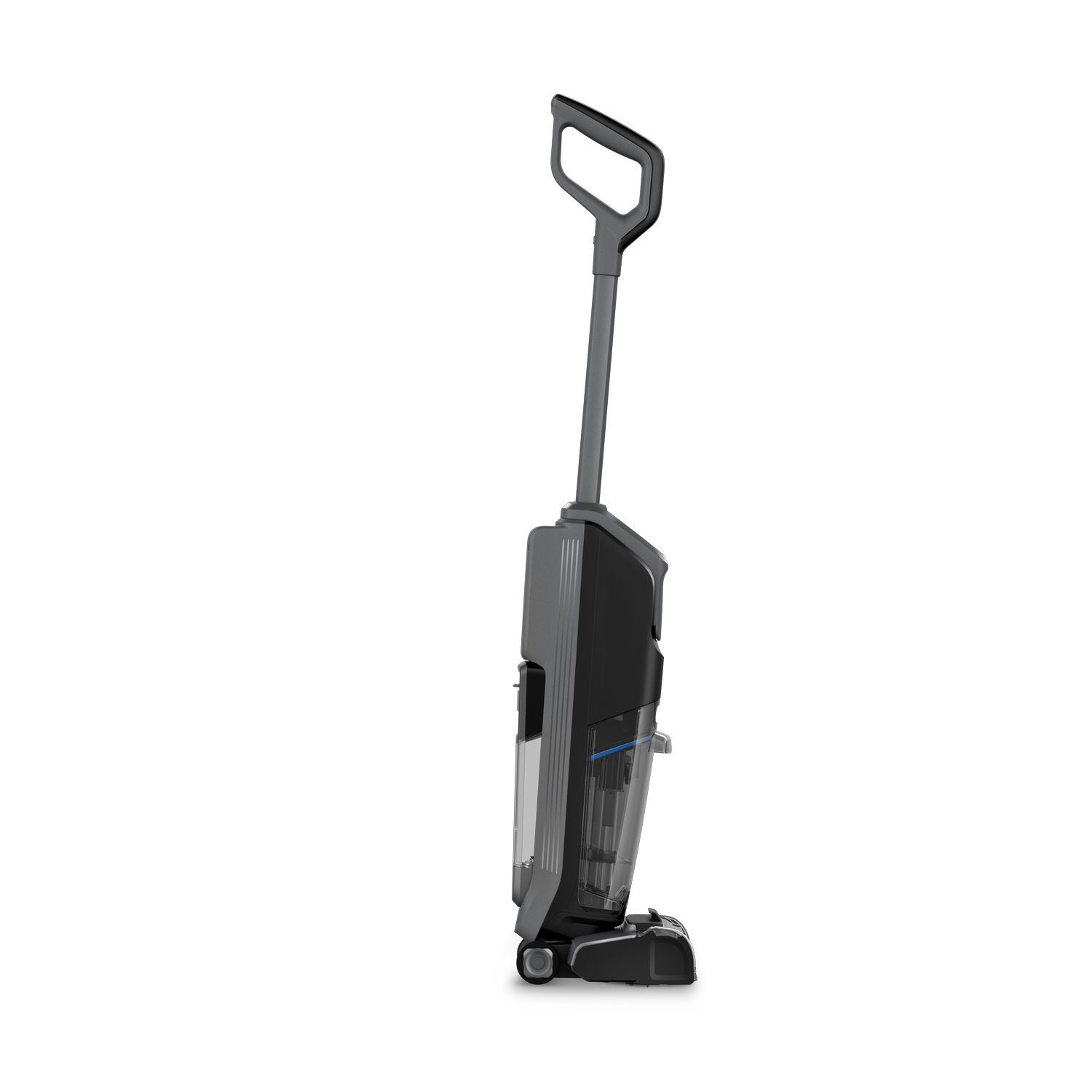 A side view of a black and gray floor cleaner.