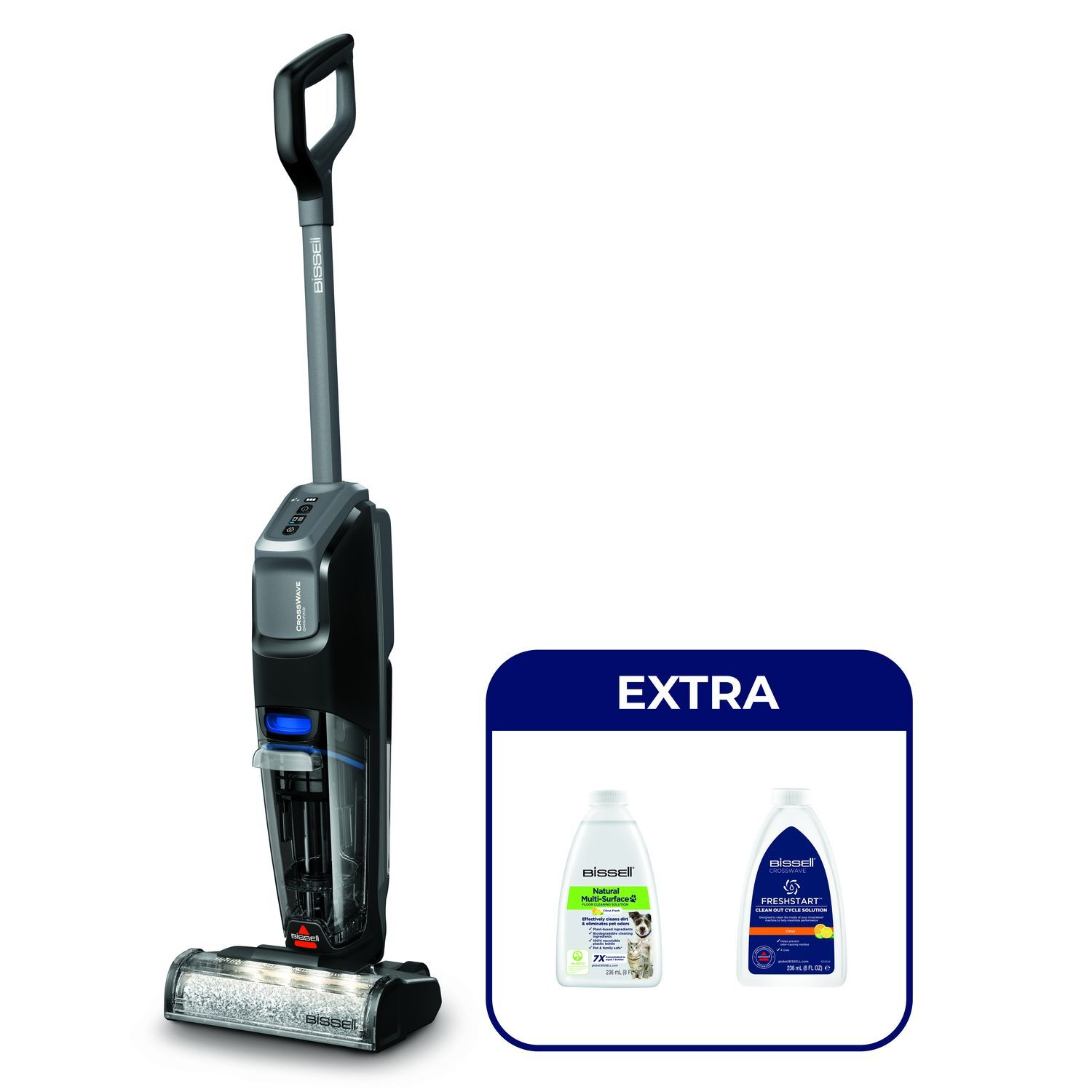 Black and grey floor cleaner with two bottles of cleaning solution beside it. The background is white.