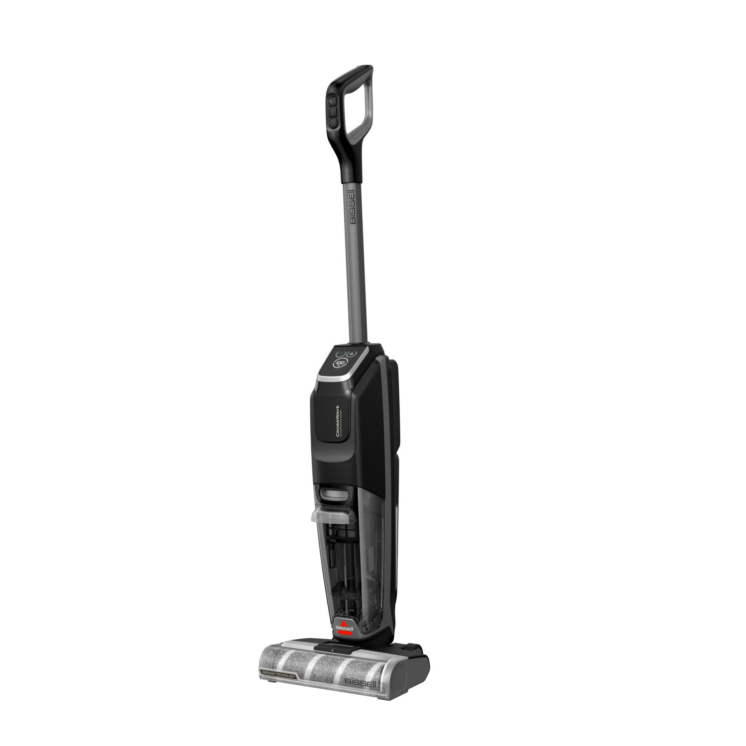 Een zwarte en grijze Bissell CrossWave Cordless Max stofzuiger.