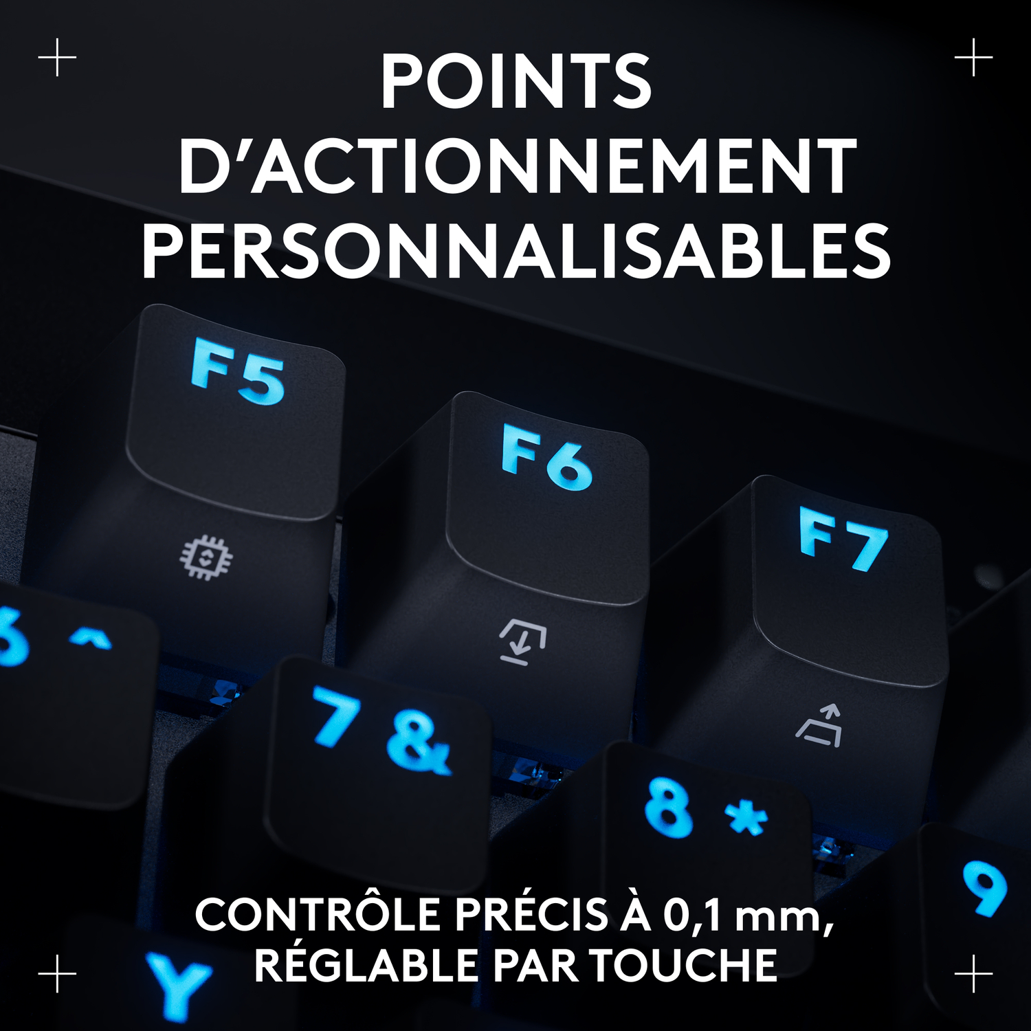 Clavier noir avec touches de fonction bleues éclairées.