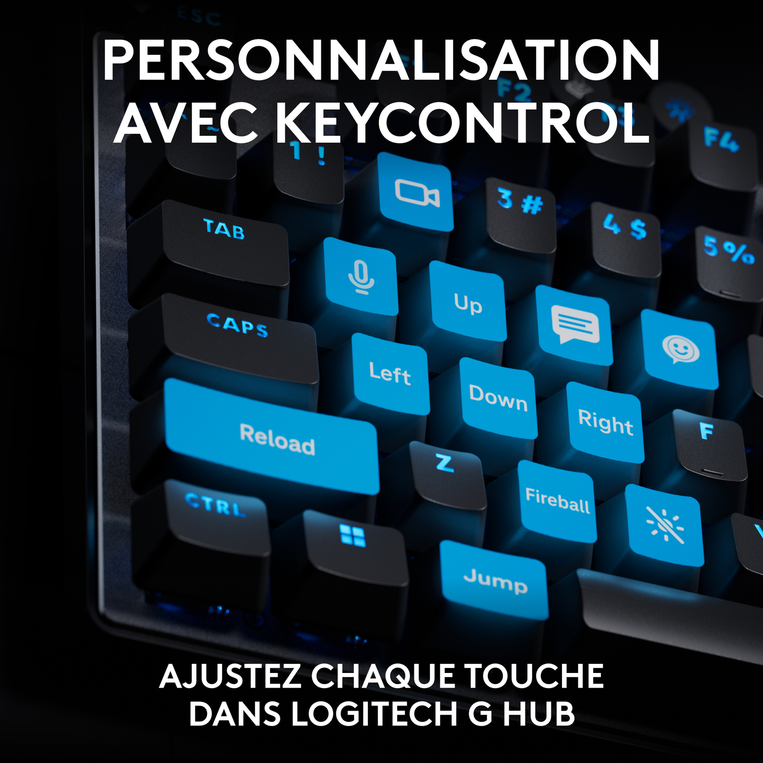 Gros plan sur le clavier, avec des touches bleues en surbrillance. Texte en français sur la personnalisation.